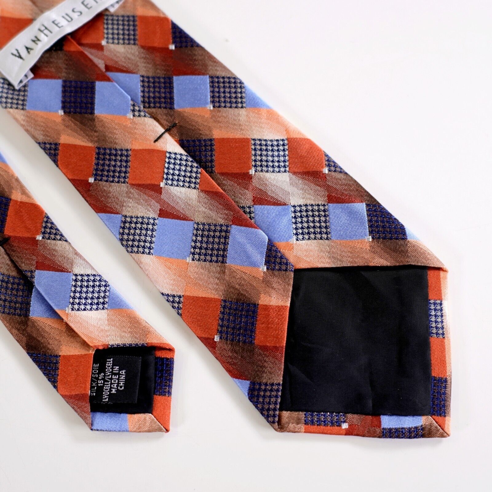 Van Heusen Van Heusen Orange Blue Woven Check Plaid Lyocell Silk Tie Size ONE SIZE - 5 Thumbnail