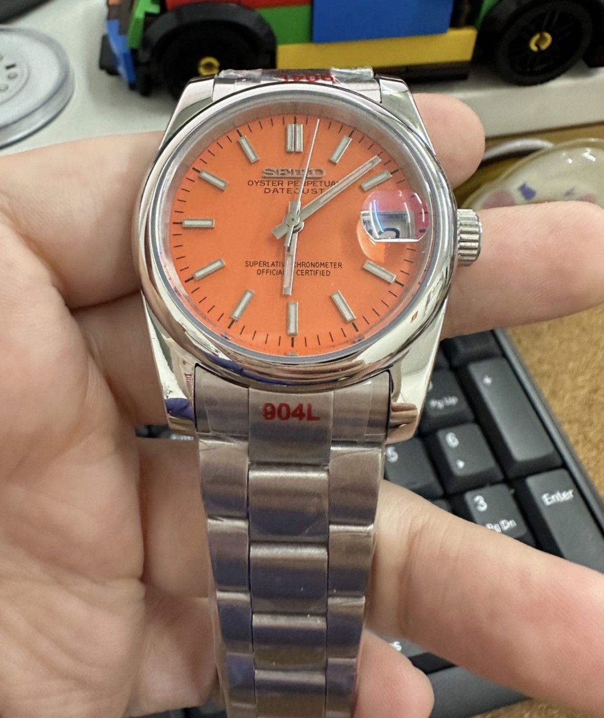 Japanese Brand Seiko Mod Datejust Orange Dial Steel Oyster Watch 39mm Size ONE SIZE - 1 Thumbnail