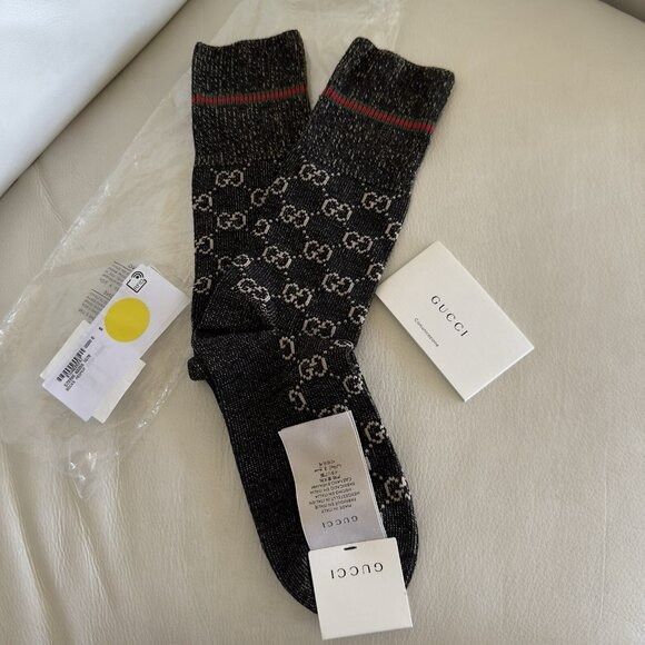 Gucci NWT GUCCI SOCKS Black GG LOGO Wool Sz M Web Size ONE SIZE - 3 Thumbnail