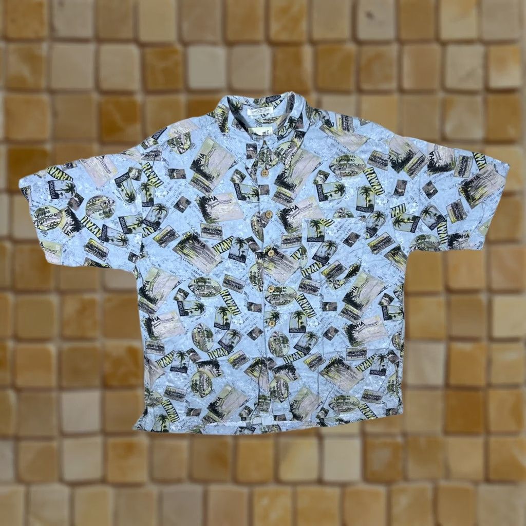 Vintage VINTAGE M.E.Sport Honolulu Hawaii Hawaiian Tropical Patterned Short Sleeve Rayon Shirt Large Regular Mens Button-Up Blue Multicoloured Floral 90s Size US L / EU 52-54 / 3 - 1 Thumbnail