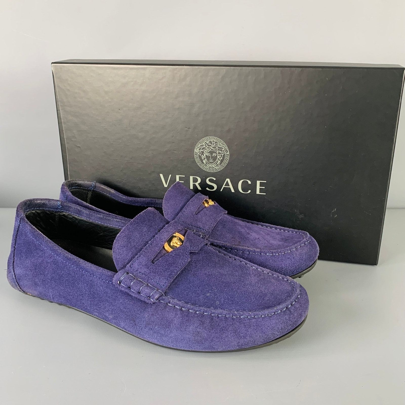 Versace VERSACE Bluette Oro- Purple Textured Suede Drivers Loafers Size US 8 / EU 41 - 10 Thumbnail