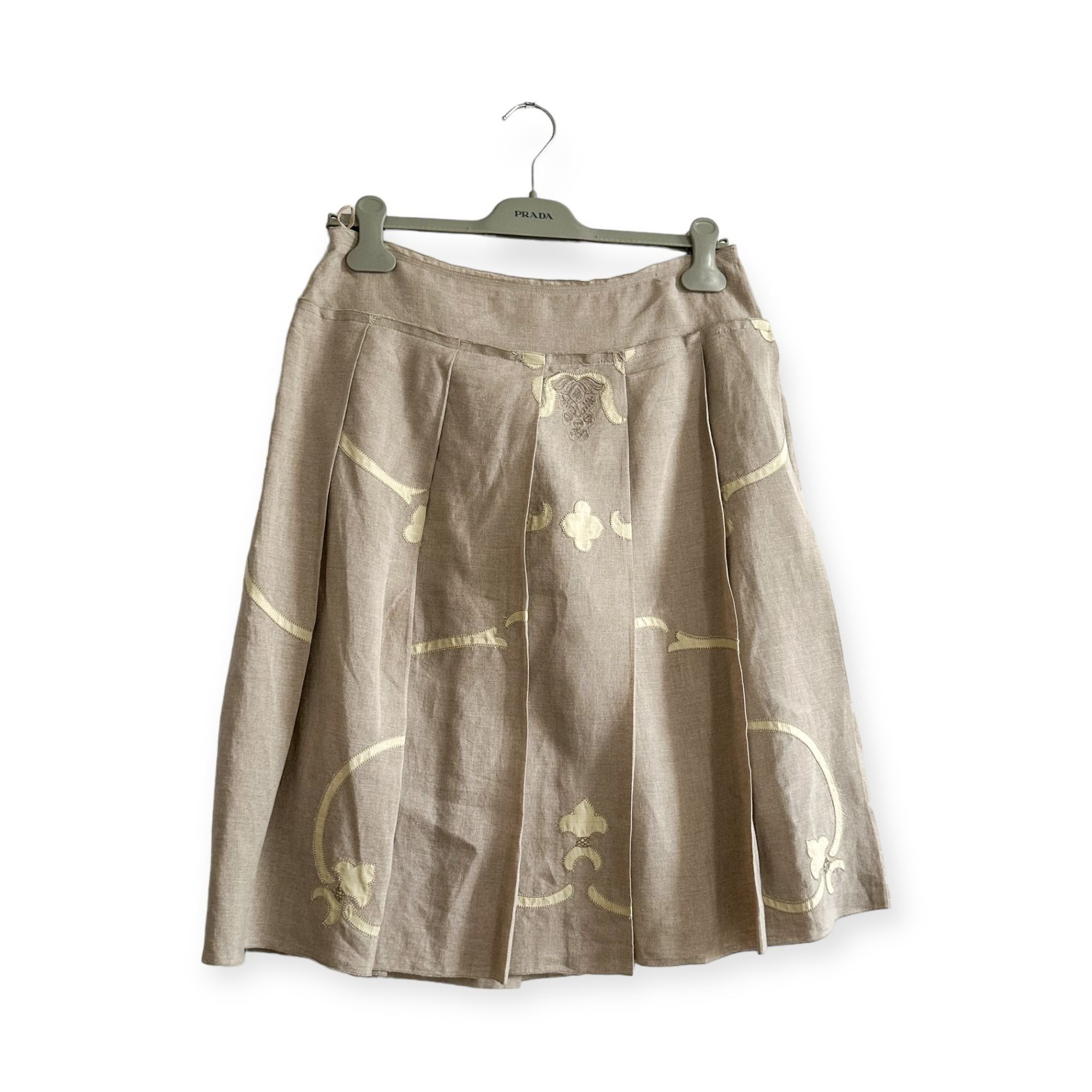 image of Prada Beige Linen Pleated Skirt, Applique & Embroidery, Size, Women's (Size 30)