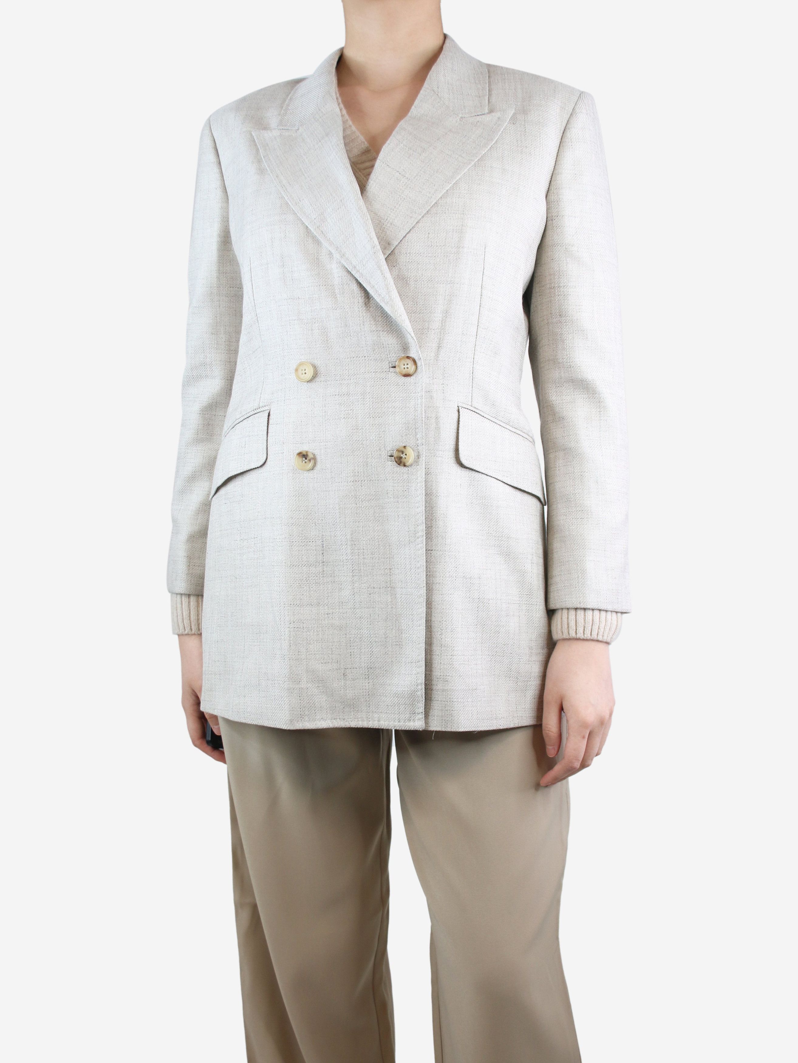 image of Gabriela Hearst Beige Double-Breasted Wool-Blend Blazer - Size Uk 12, Women's