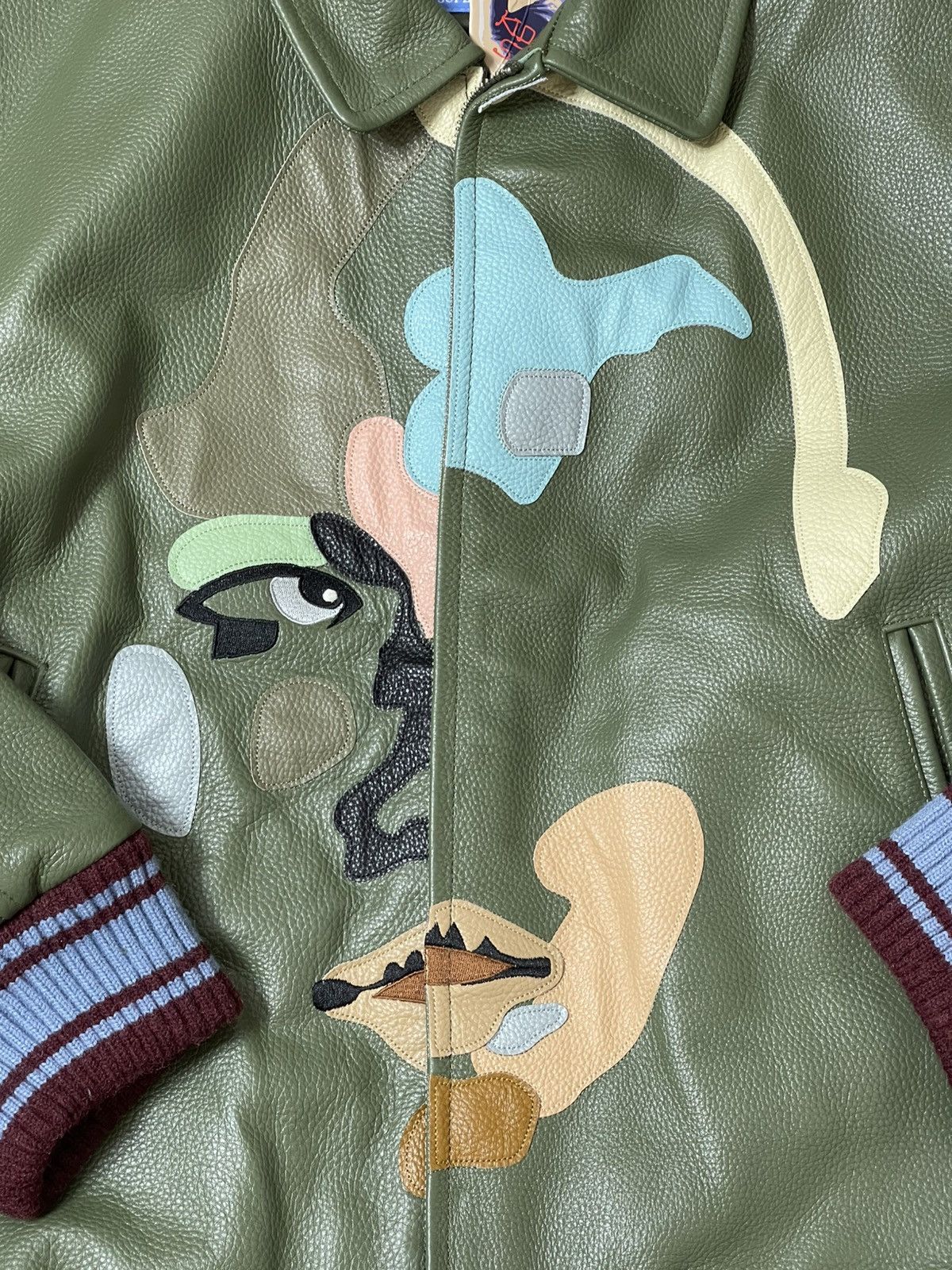 KidSuper PATCHWORK FACE LEATHER VARSITY JACKET [GREEN] Size US L / EU 52-54 / 3 - 2 Thumbnail