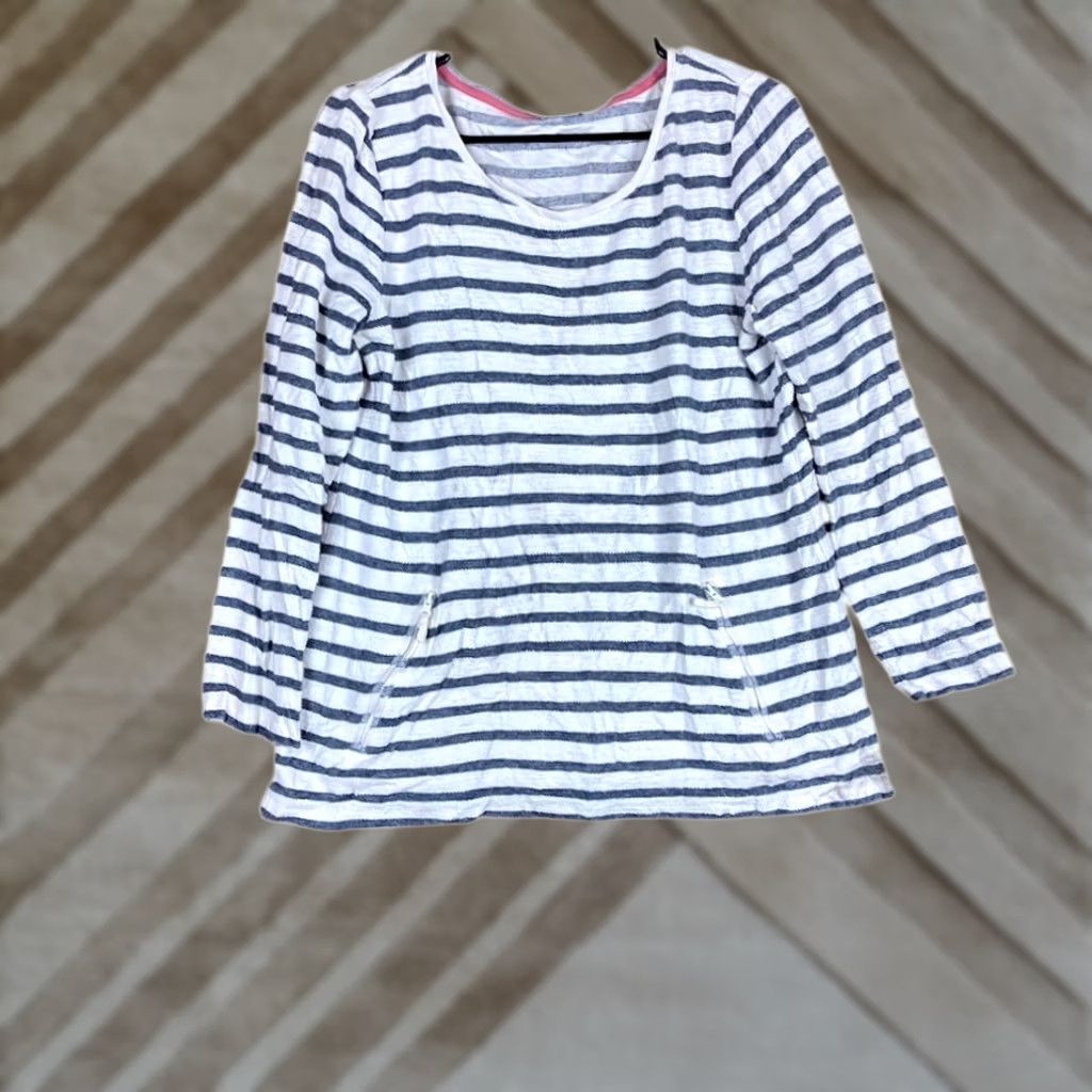 Talbots Talbots Women Shirt White Navy Stripe Long Sleeve Round Neck Zip Pocket LP Size L / US 10 / IT 46 - 1 Thumbnail