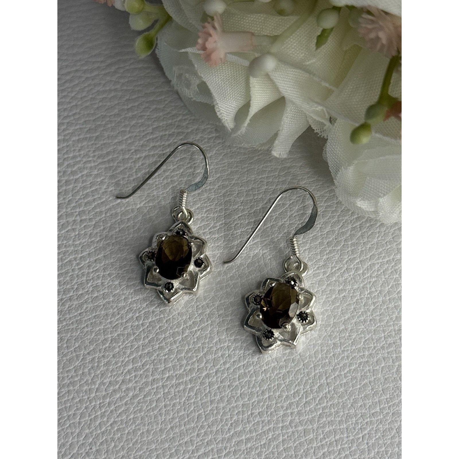 925 STERLING SILVER HESSONITE & MARCASITE EARRINGS