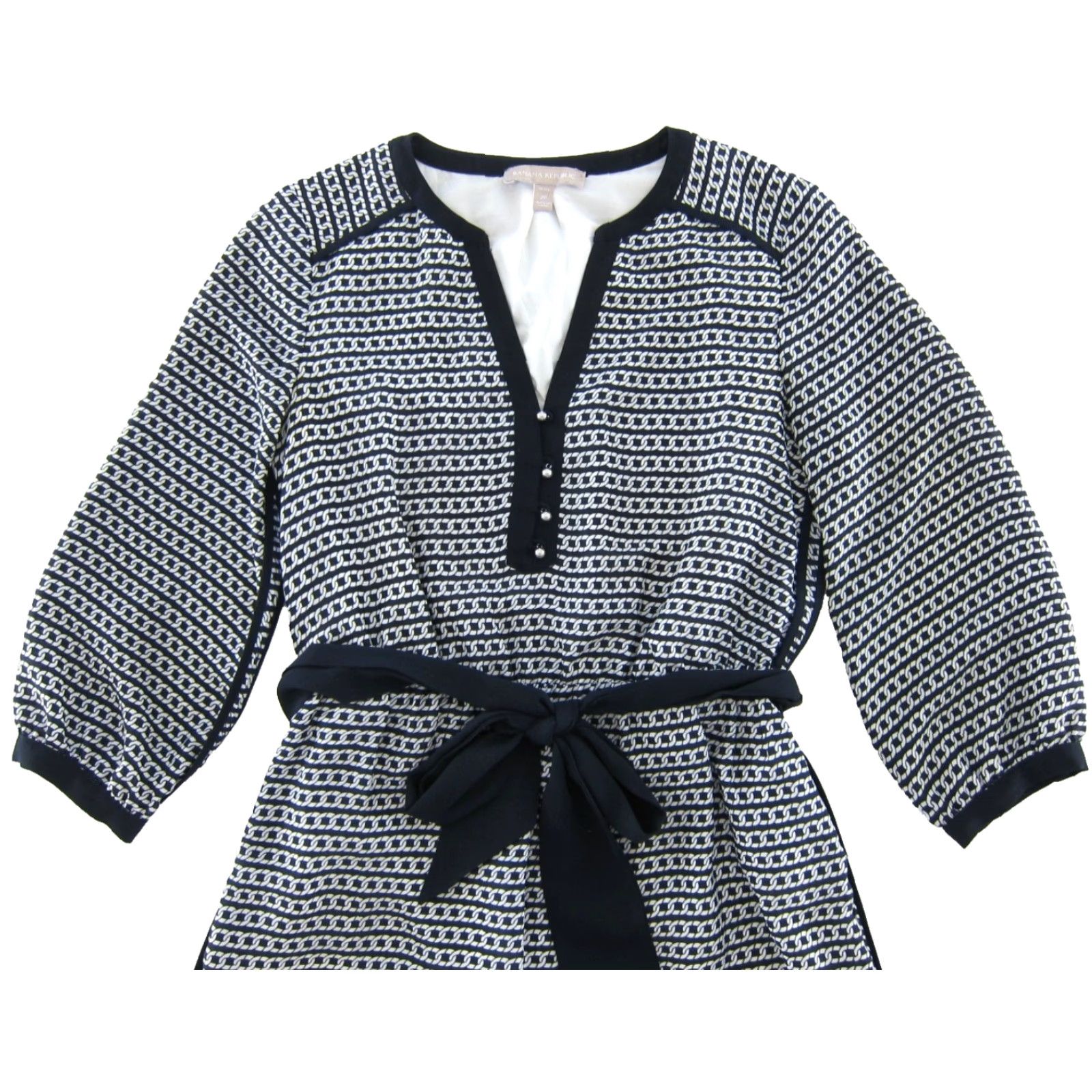 Banana Republic Banana Republic Navy Blue White Chain Link V-Neck 3/4 Sleeve Belted Dress 2P Size XS / US 0-2 / IT 36-38 - 4 Thumbnail