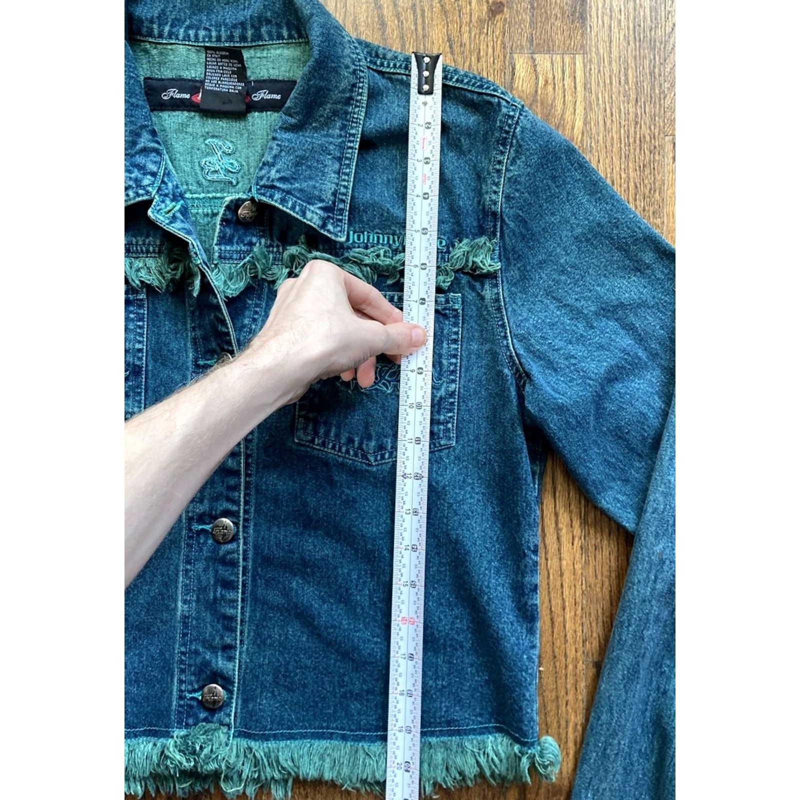 Denime VINTAGE Johnny Blaze Denim Jacket Womens Large Trucker Blue 90s Biker Casual Cotton Embroidered Logo Button Short Sleeve Size L / US 10 / IT 46 - 7 Thumbnail