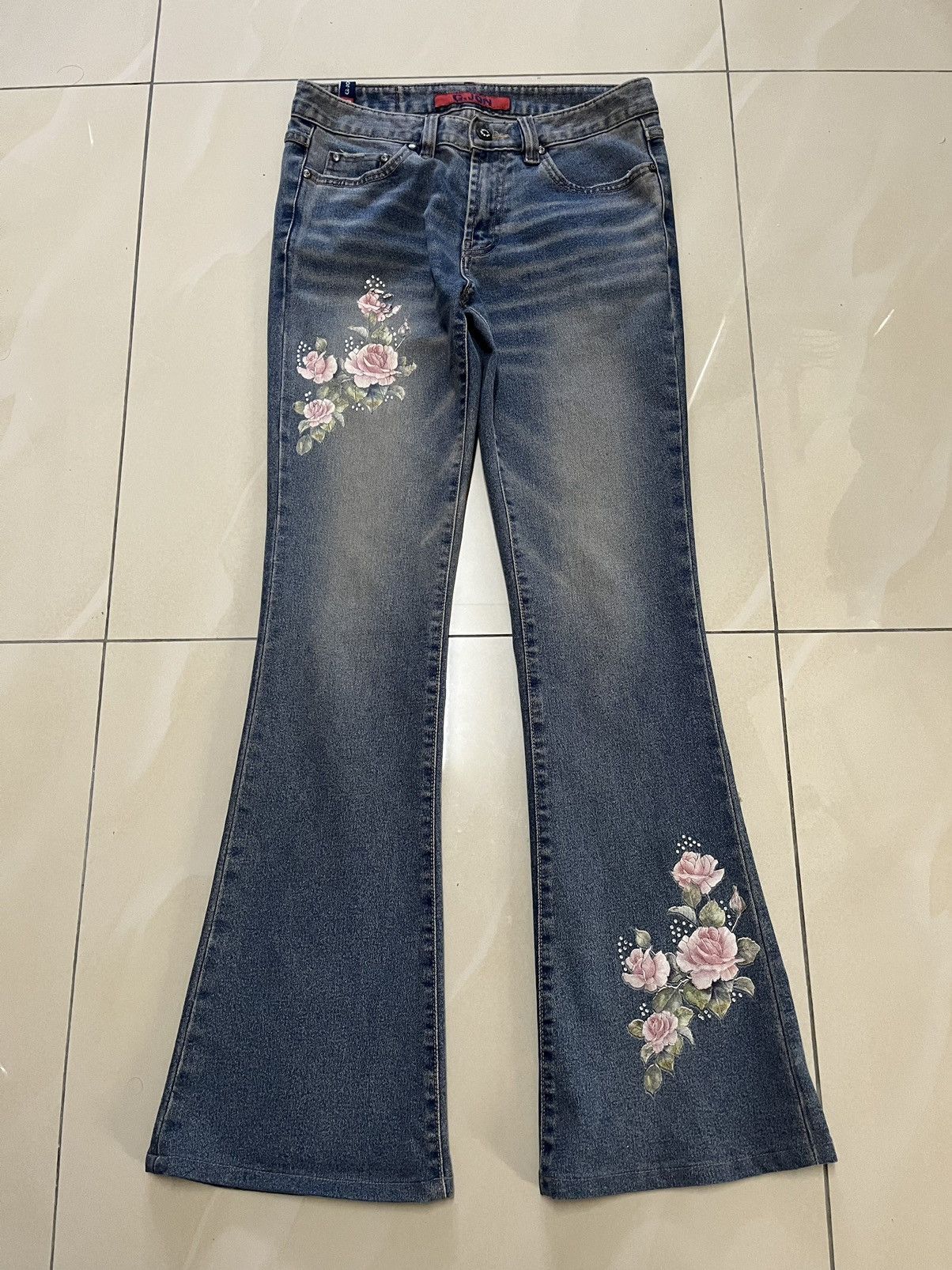 Tornado Mart Flare Jeans G.JON roses distressed low rise rusty denim Size US 29 - 1 Thumbnail