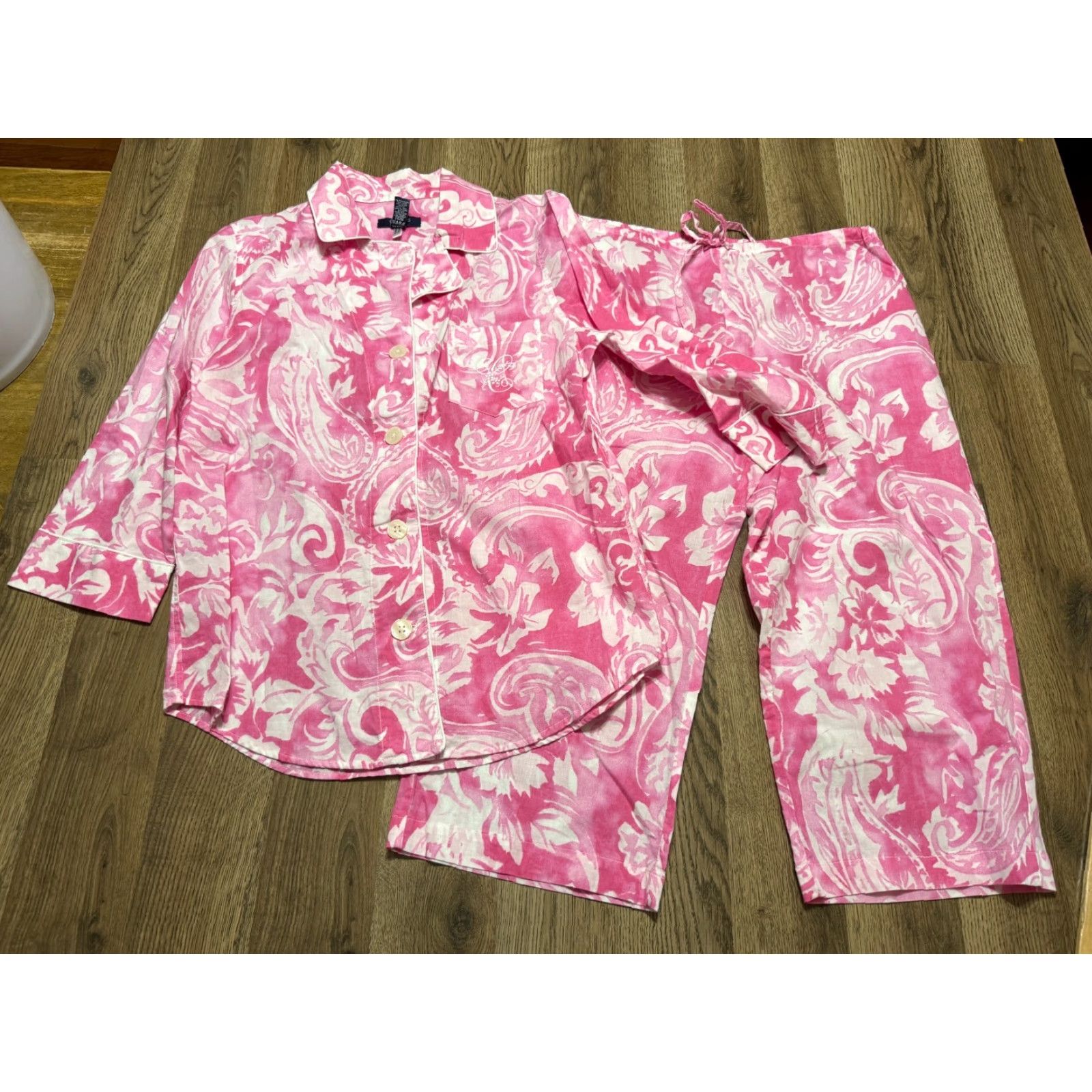 Chaps CHAPS Outfit Women's Medium Pink White Long Sleeve Button Up Shirt Capris Pants Pajamas PJs Size M / US 6-8 / IT 42-44 - 2 Thumbnail