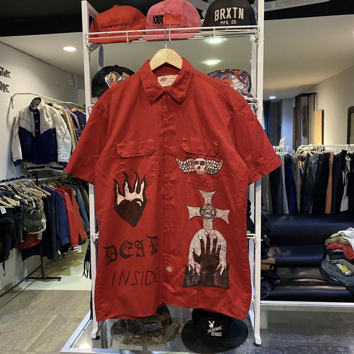 Vintage Dickies Red Custom Made Hardcore Design Shirt Pocket