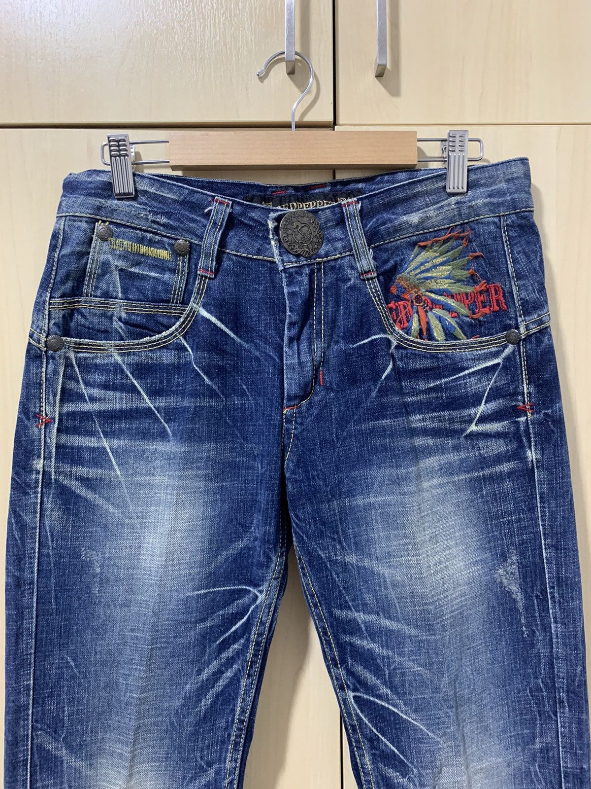 Japanese Brand Red Pepper denim pant red indian design distressed Size 31" - 5 Thumbnail