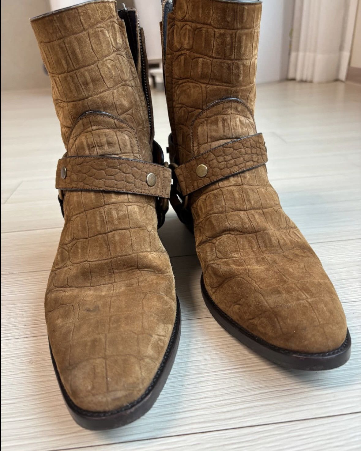 Saint Laurent Paris Wyatt Harness Crocodile Suede Boots Size US 8 / EU 41 - 1 Thumbnail