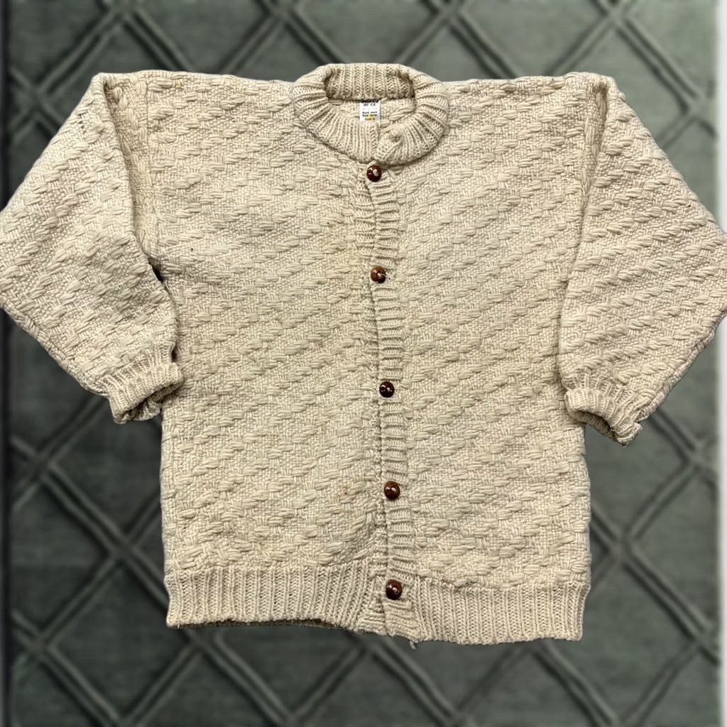 Vintage Afghan Cardigan Sweater Adult M Cream Wool Cable Knit Fisherman Classic Ecuador in Beige, Men's