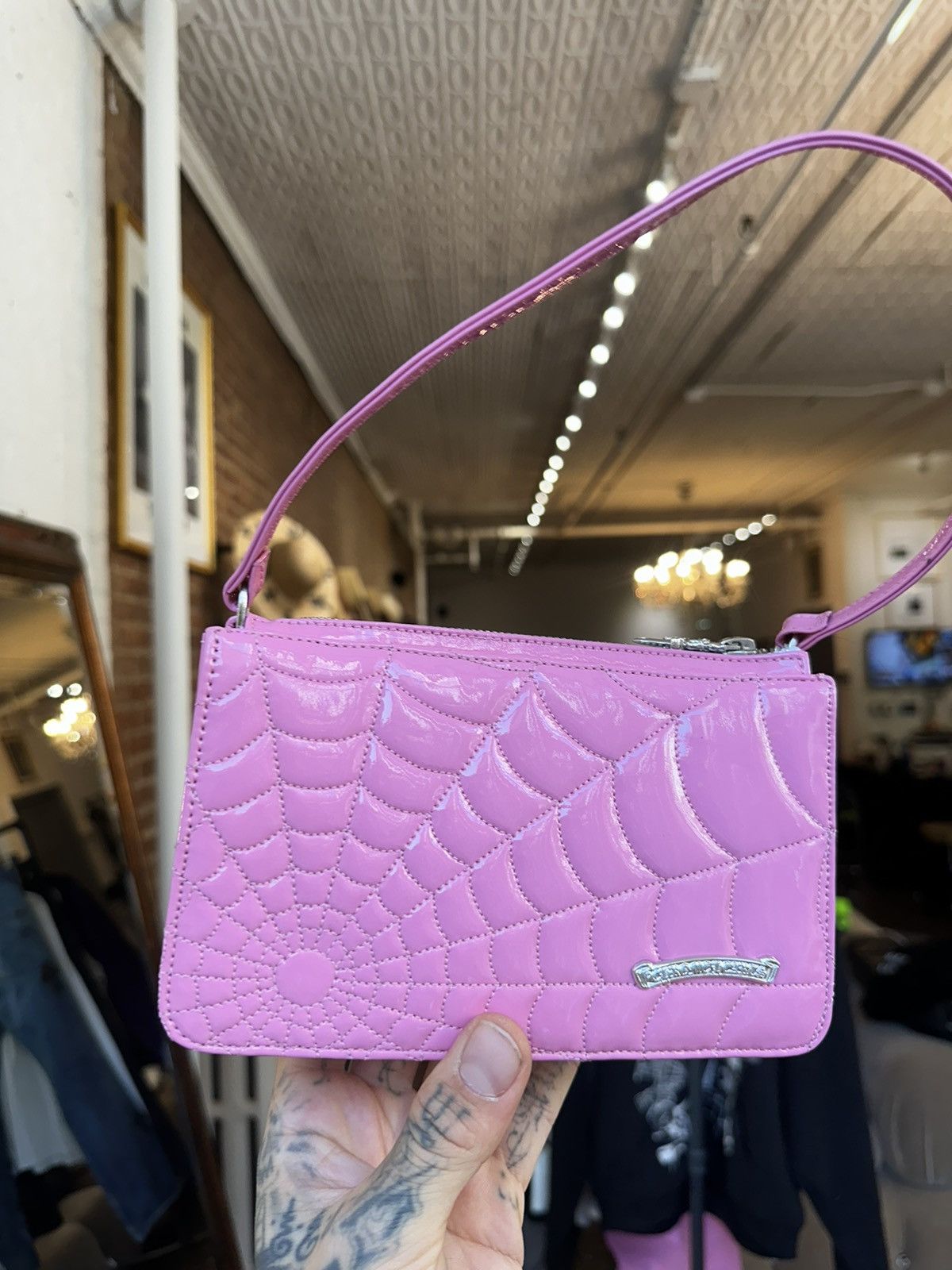 Chrome Hearts CHROME HEARTS PINK PATENT LEATHER NIGHT BAG SPIDER WEB Size ONE SIZE - 3 Thumbnail