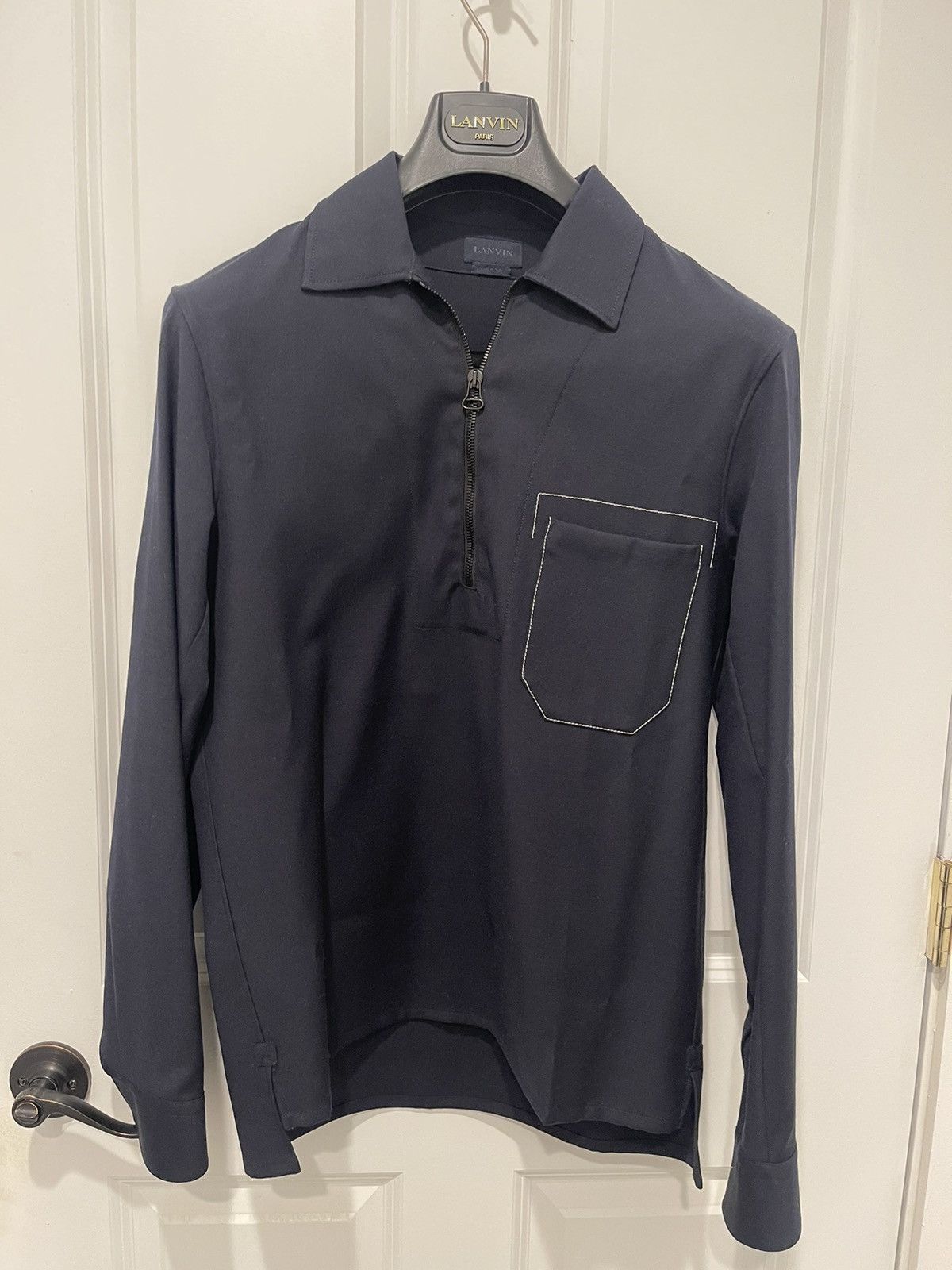 Lanvin Navy Blue Virgin Wool Half Zip Long Sleeve Polo
