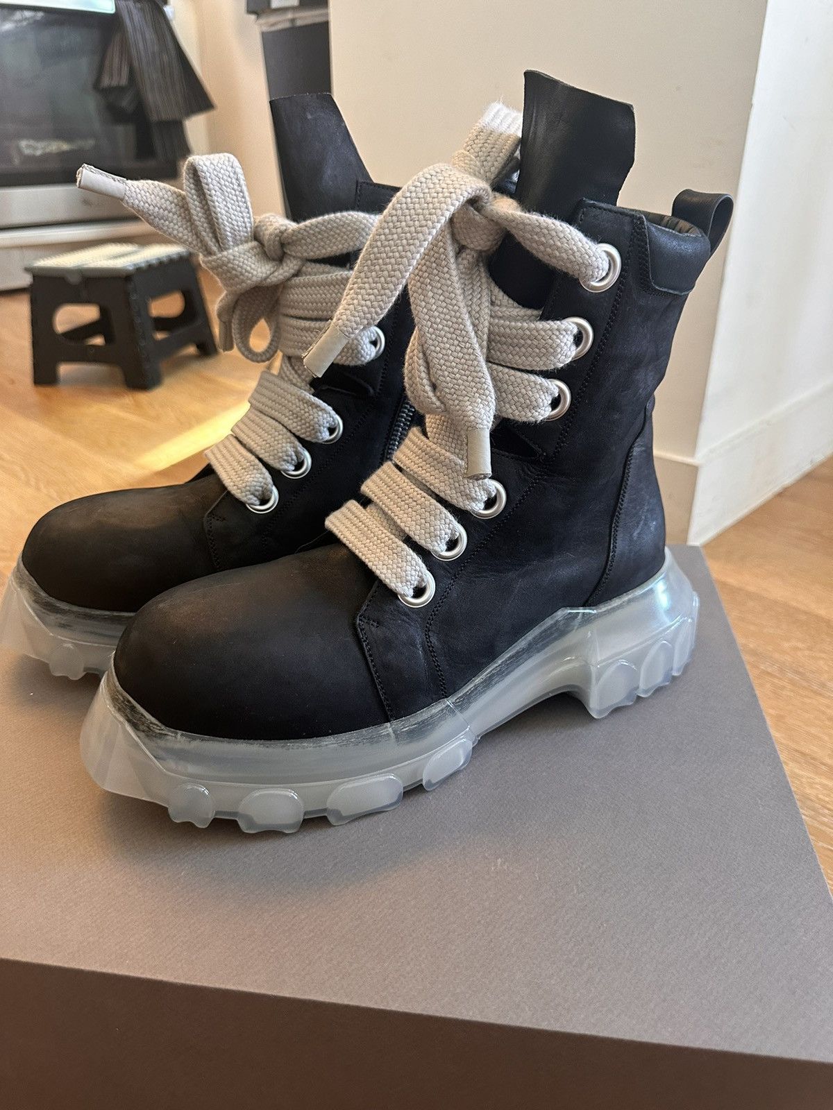 Pre-owned Rick Owens Jumbo Lace Tractor Bozo Boots In Black