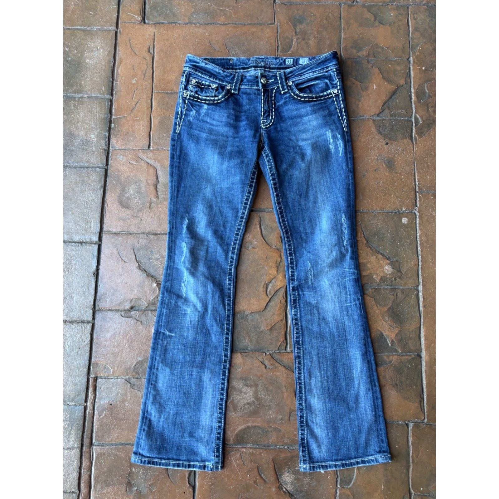 Miss Me VINTAGE Miss Me Boot Cut Jeans Stitch Flap Pockets 31 Blue Rhinestone Women's Jeans 31 Inseam 33 Rock Cowboy Pockets Size 24" / US 00 / IT 34 - 2 Thumbnail