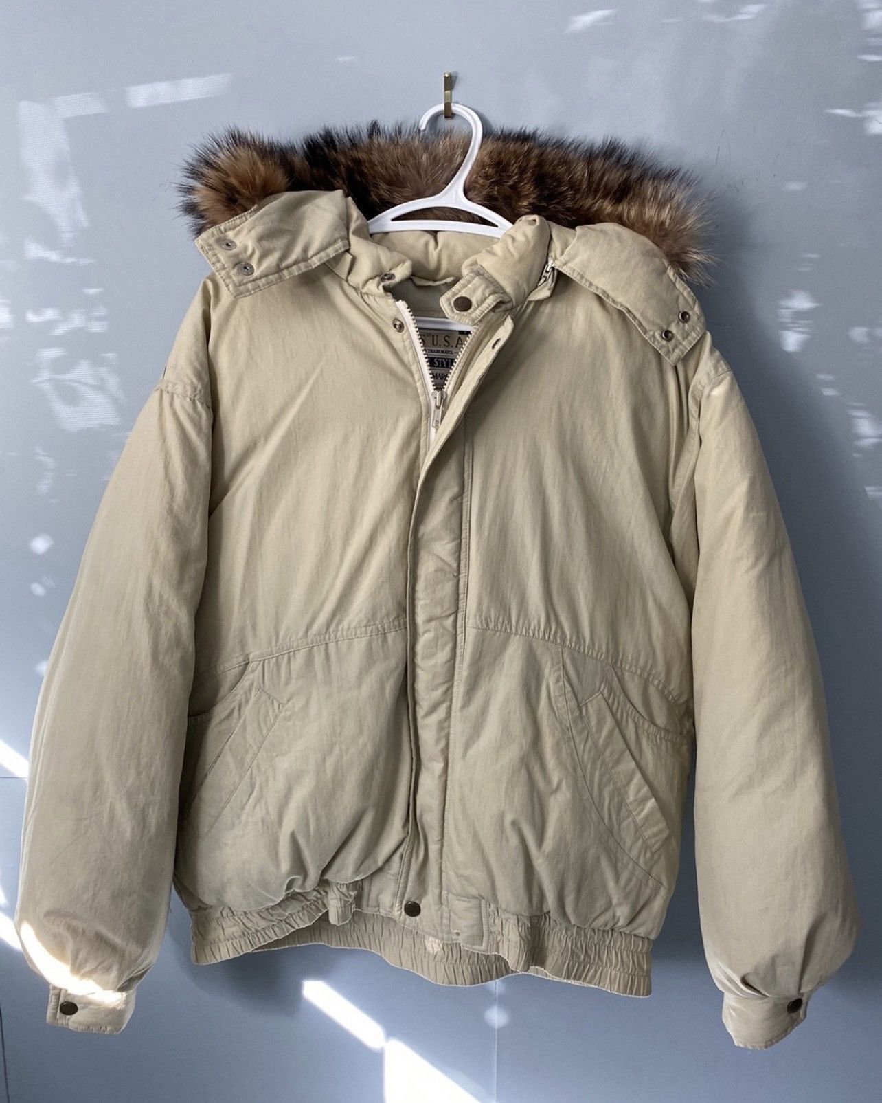 image of Vintage Guess Usa Fur Hooded Bomber in Beige, Men's (Size Large)