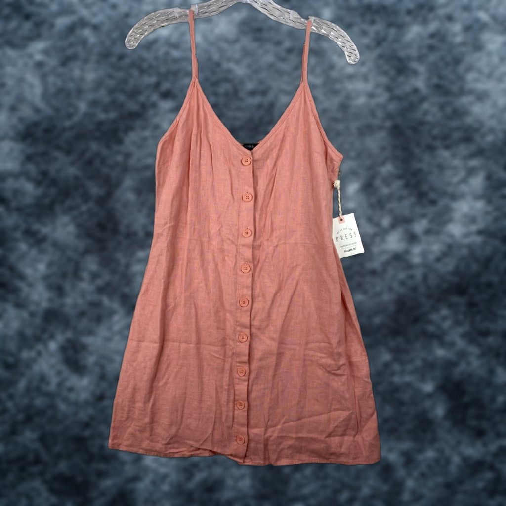 Forever 21 Forever 21 Dress S Coral Mini Button Down Sleeveless V-Neck Linen Cami NWT Y2K Slips Sundress Casual Party/Cocktail Beach 90s Womens Size S / US 4 / IT 40 - 1 Thumbnail
