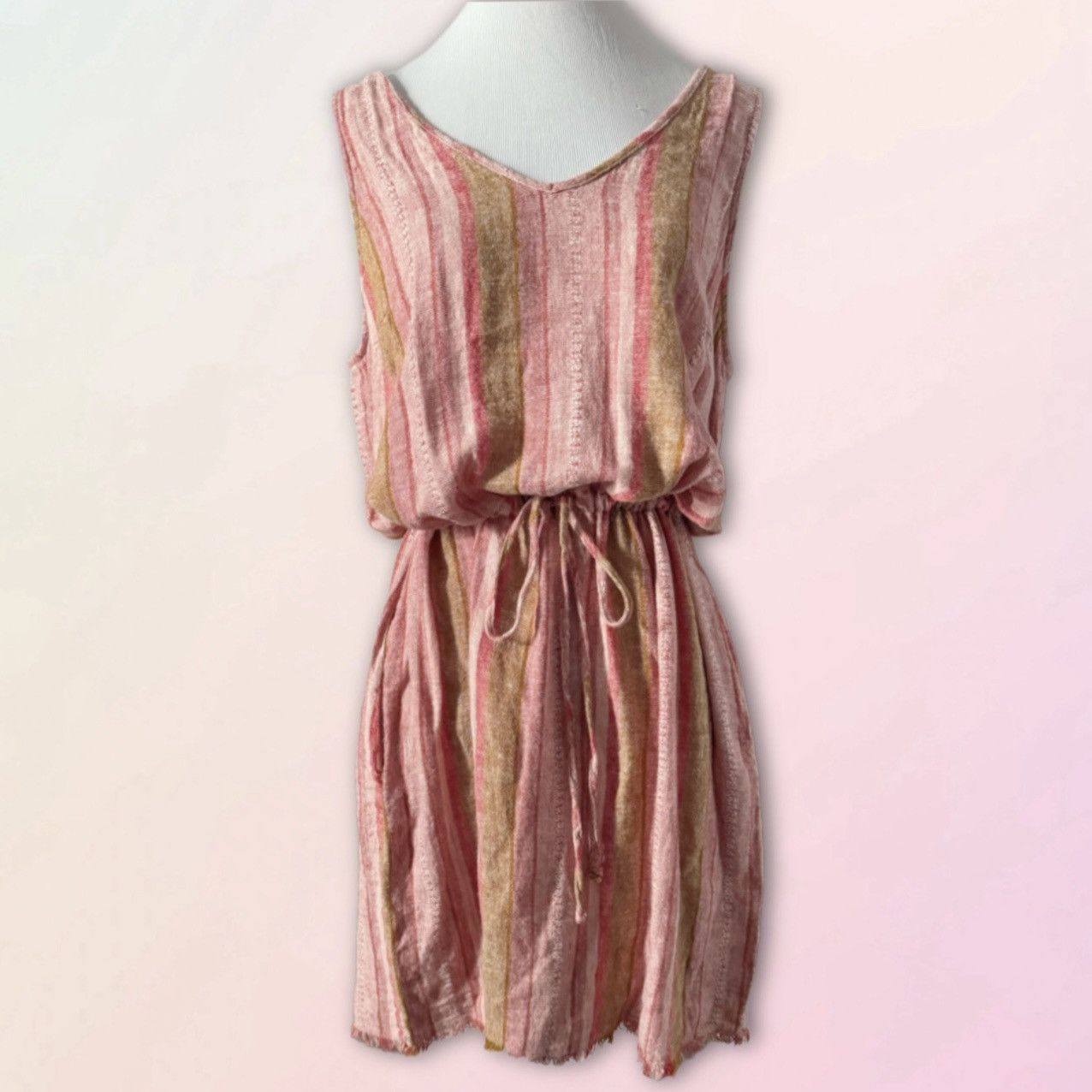 Anthropologie × Drew DREW Red Nat Dobby, Striped, Drawstring Linen Dress Size L / US 10 / IT 46 - 1 Thumbnail