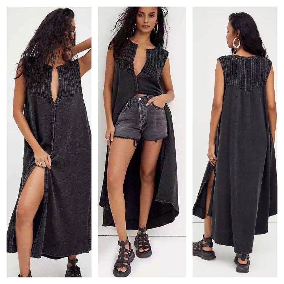 New Pintucked Knit Button Midi Tunic Dress Top $118 XS