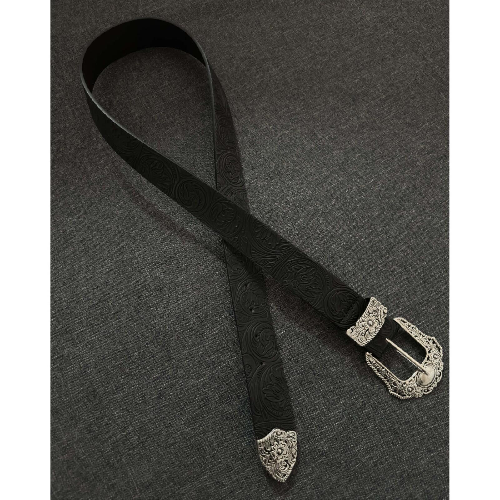 Leather Engraved Floral Buckle Belt | Dark Vintage Black Street Size ONE SIZE - 2 Thumbnail