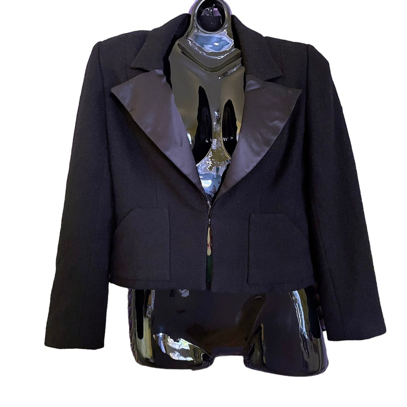 CHANEL Vintage Boucle Black Wool Boucle Dinner Jacket Blazer