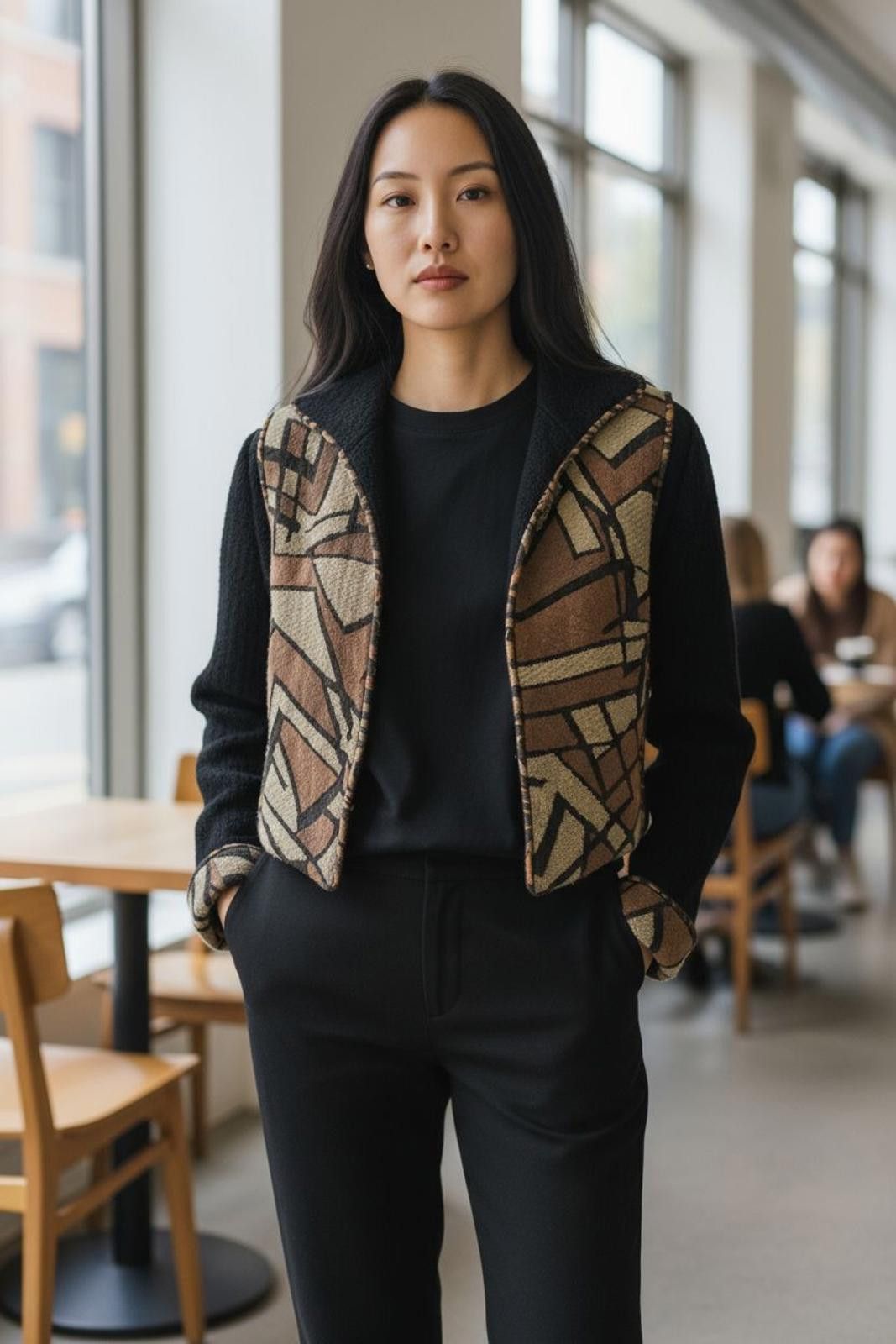 Threadless Vintage Treadle Womens Black & Brown Patterned Zip-Up Jacket Size M / US 6-8 / IT 42-44 - 1 Thumbnail
