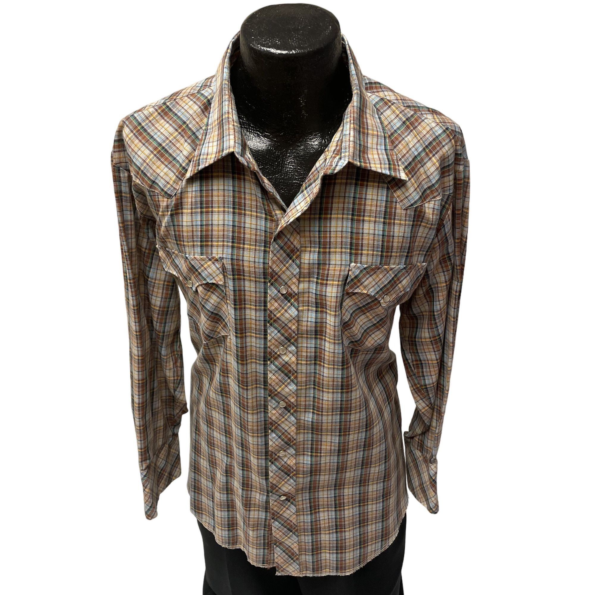 Vtg CHUTE #1 Cowboy Western Brown Blue SHADOW Plaid Shirt