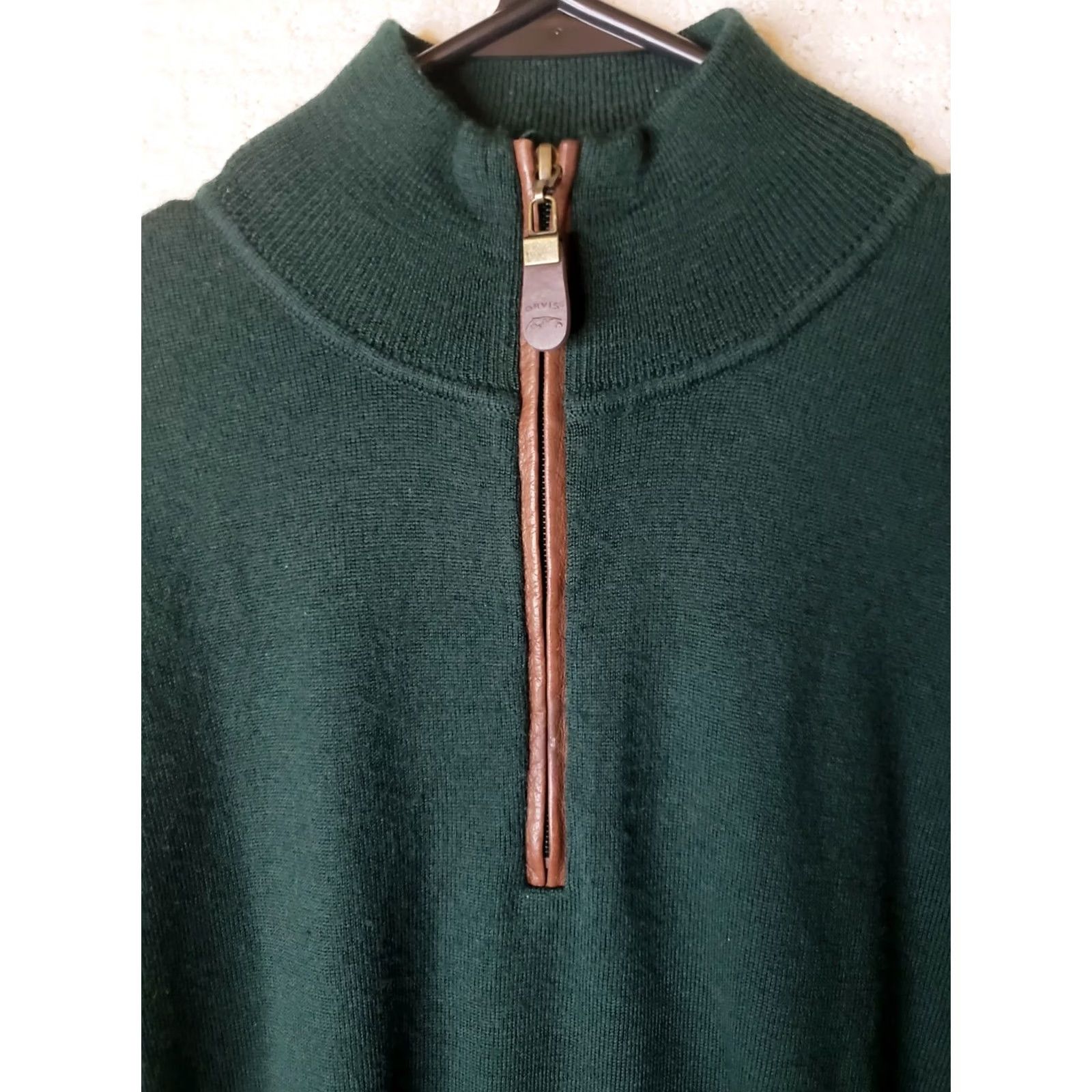 Orvis Orvis Men's L Wool Pullover Leather 1/4 Zip Mock Neck Sweater Dark Green Size US L / EU 52-54 / 3 - 3 Thumbnail