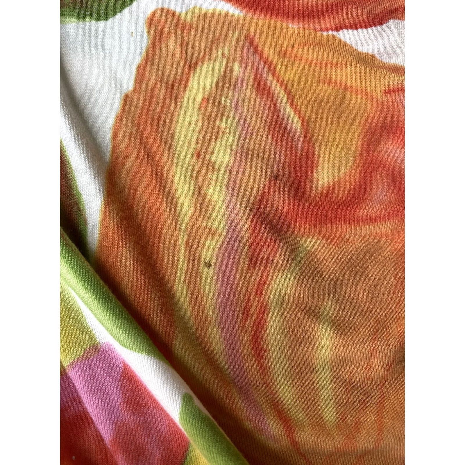 Vintage CAbi Blouse Shirt Women's Medium Tulip Print Faux Wrap Ruched 3/4 Sleeve Top White Orange Pink Yellow Green Size M / US 6-8 / IT 42-44 - 4 Thumbnail