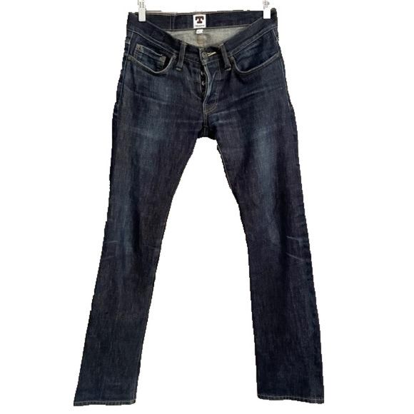 image of Tellason Low Rise Slim Straight Selvedge Jeans - 28" in Dark Blue Wash, Men's