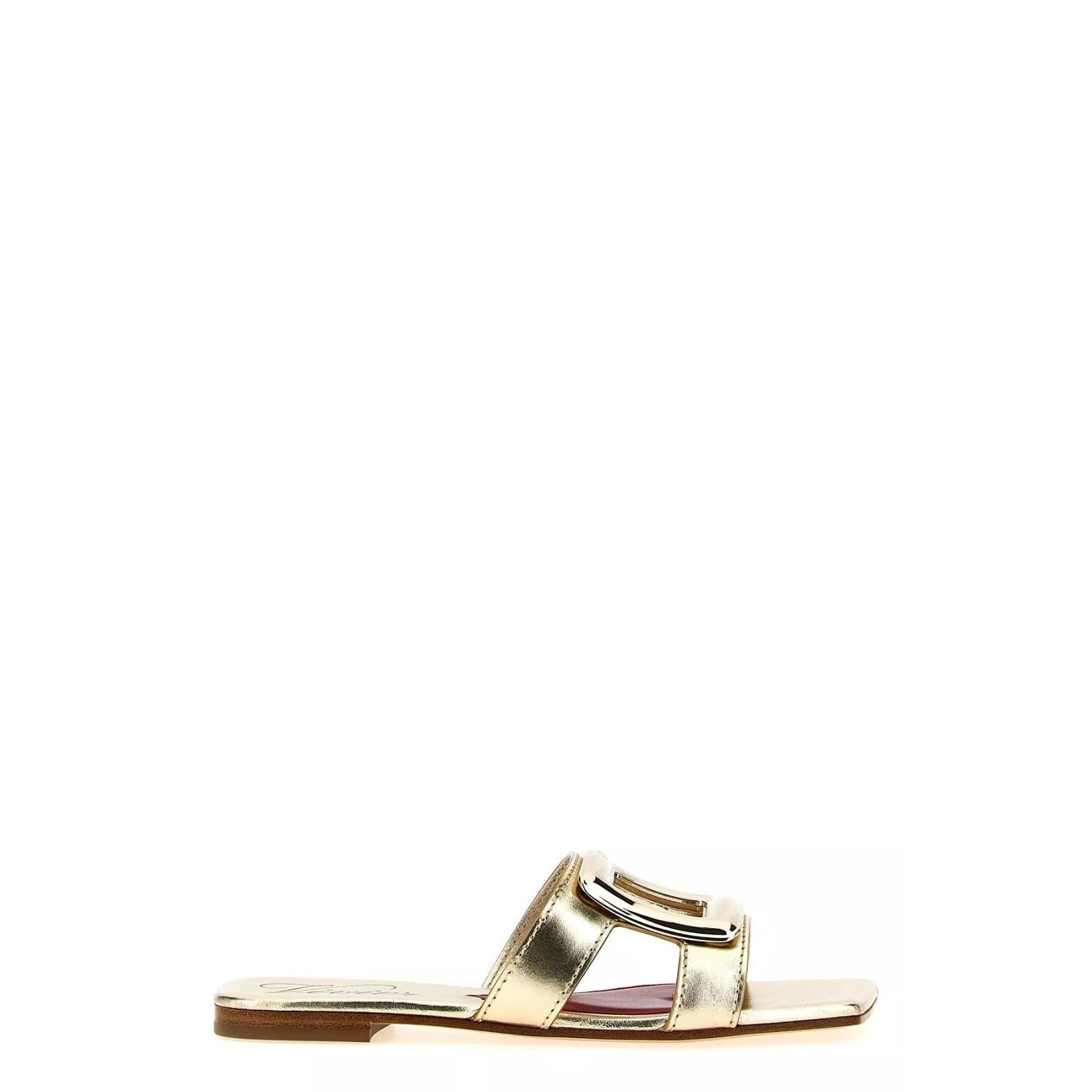 ROGER VIVIER New Metal Buckle Gold Leather Mules New & Authe