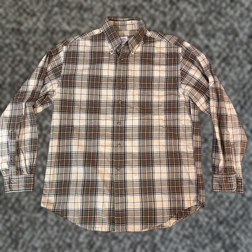 Brooks Brothers Brooks Brothers Mens Plaid Button-Down Shirt Long Sleeve Medium Twill Beige Cotton Classic Fit Chest Pocket Button-Up Collar-Down Size US M / EU 48-50 / 2 - 1 Thumbnail