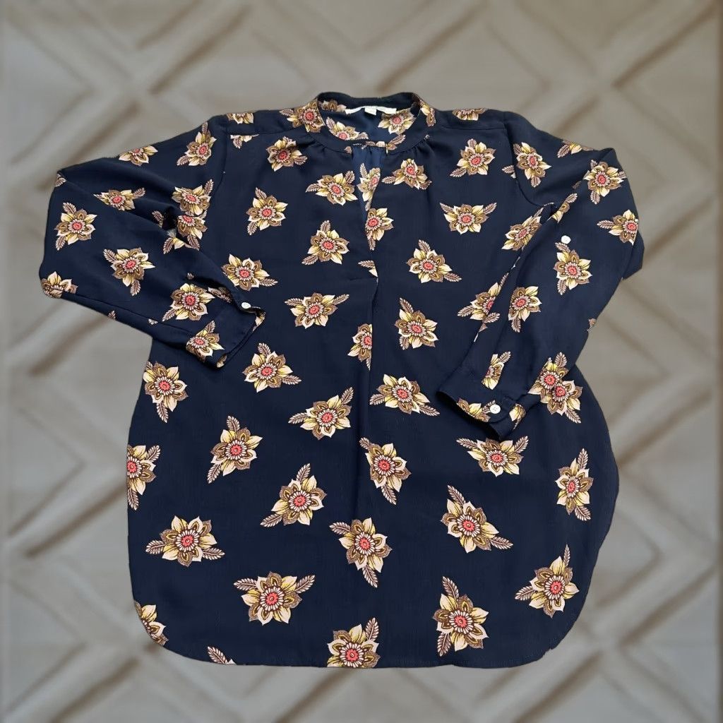 Loft Ann Taylor Loft Petites Tunic Blouse Womens XSP Blue Floral V-Neck Long Sleeve Size XS / US 0-2 / IT 36-38 - 1 Thumbnail
