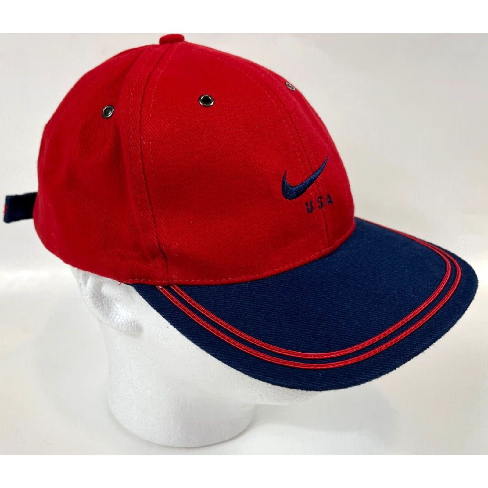 Nike VINTAGE Nike USA Stripeback Hat Cap Embroidered Swoosh USA Baseball Cap Cotton Red Unisex Adults One Size Hats Mens Womens Boys Girls Size ONE SIZE - 3 Thumbnail