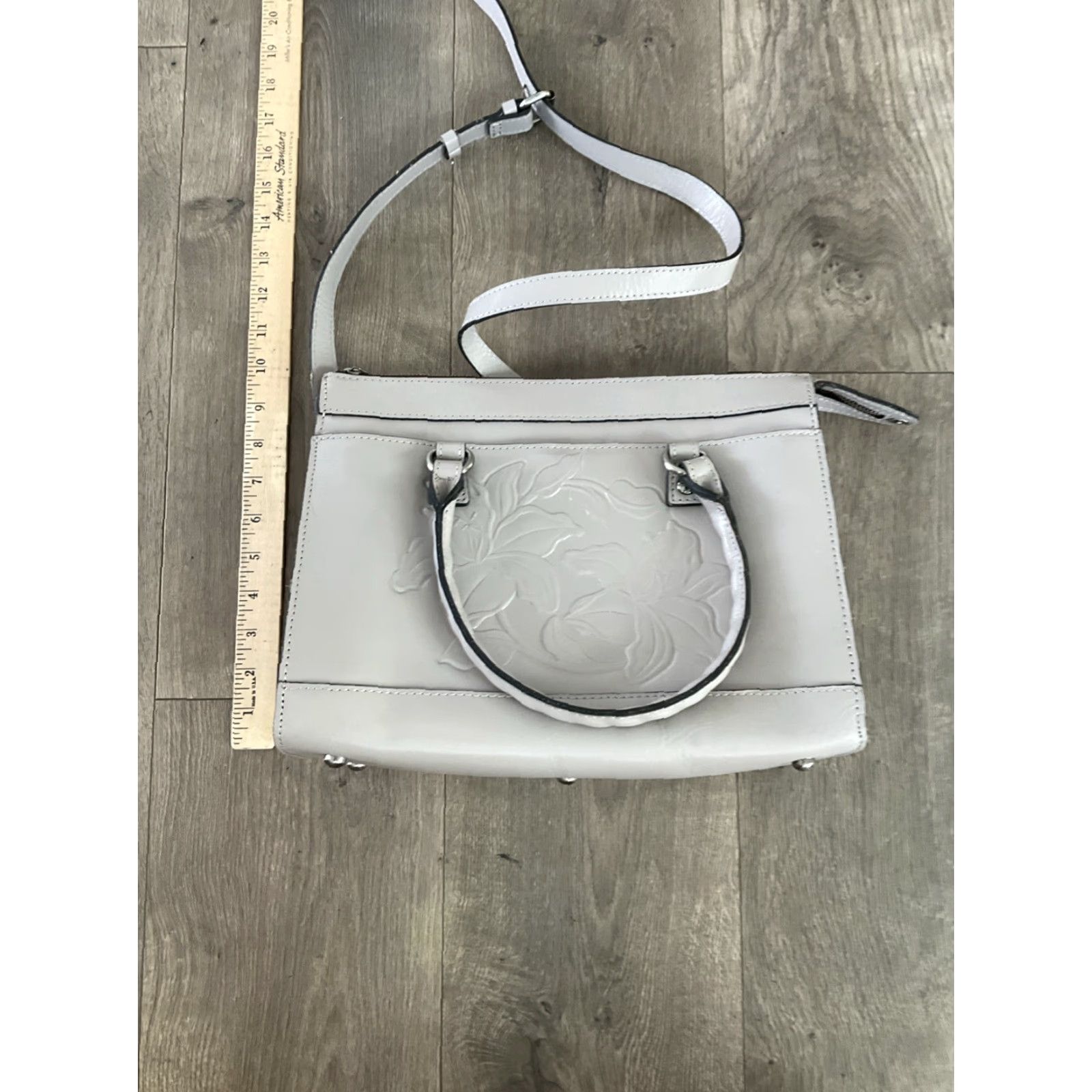 Patricia Nash Patricia Nash Josselin Leather Satchel Stone Tooled - Stone Gray Large Bag with Cross-Body Strap, Lined, Brass Hardware Womens Size ONE SIZE - 6 Thumbnail