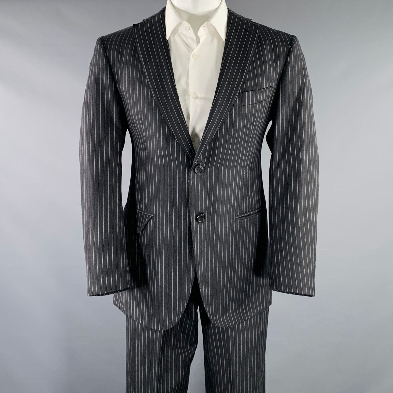 Belvest 40 Grey White Pinstripe Wool Linen Single Breasted Suit Size 40R - 1 Thumbnail
