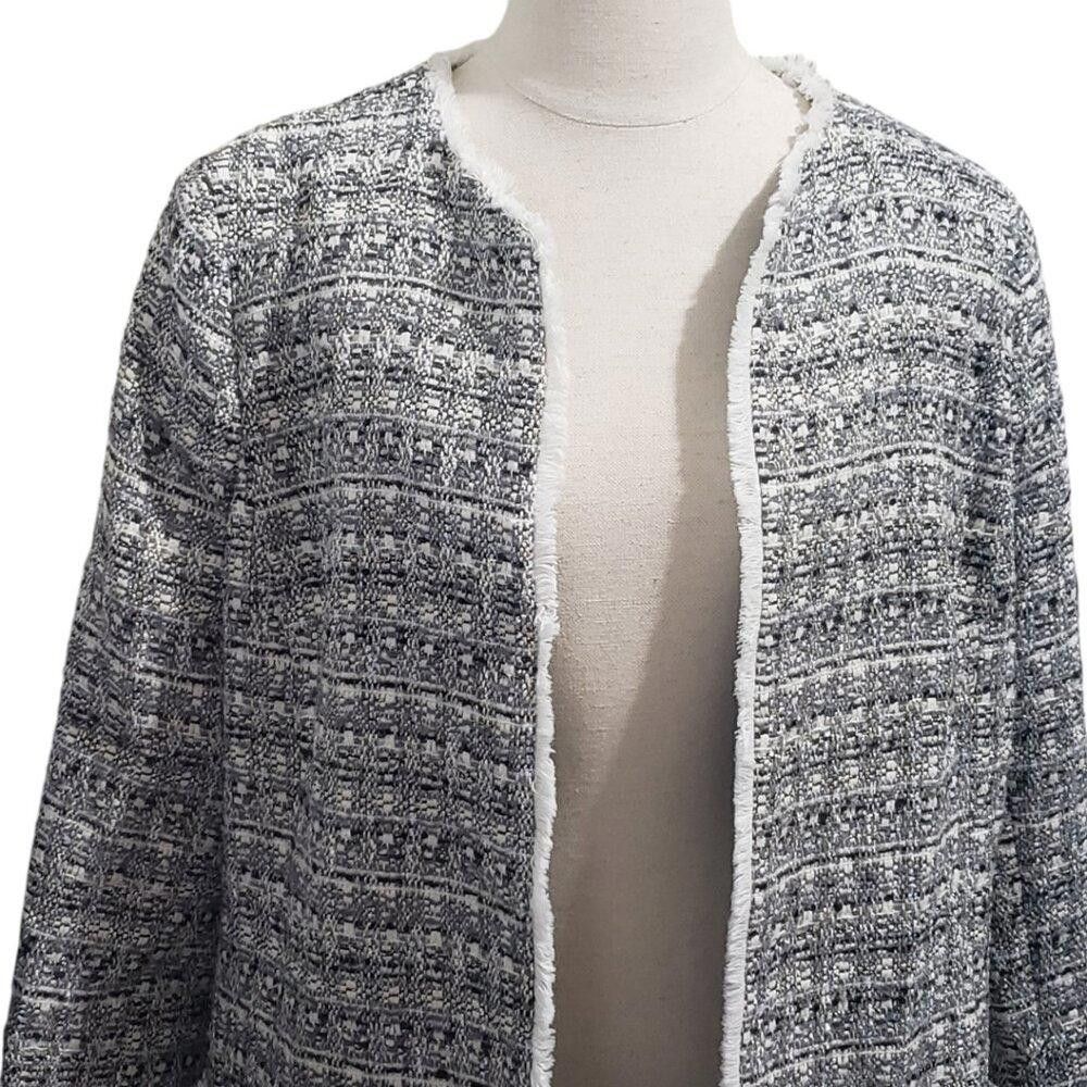 Designer CT1955 Helene Berman Black & White Tweed Fringed Blazer XL Size XL / US 12-14 / IT 48-50 - 2 Thumbnail