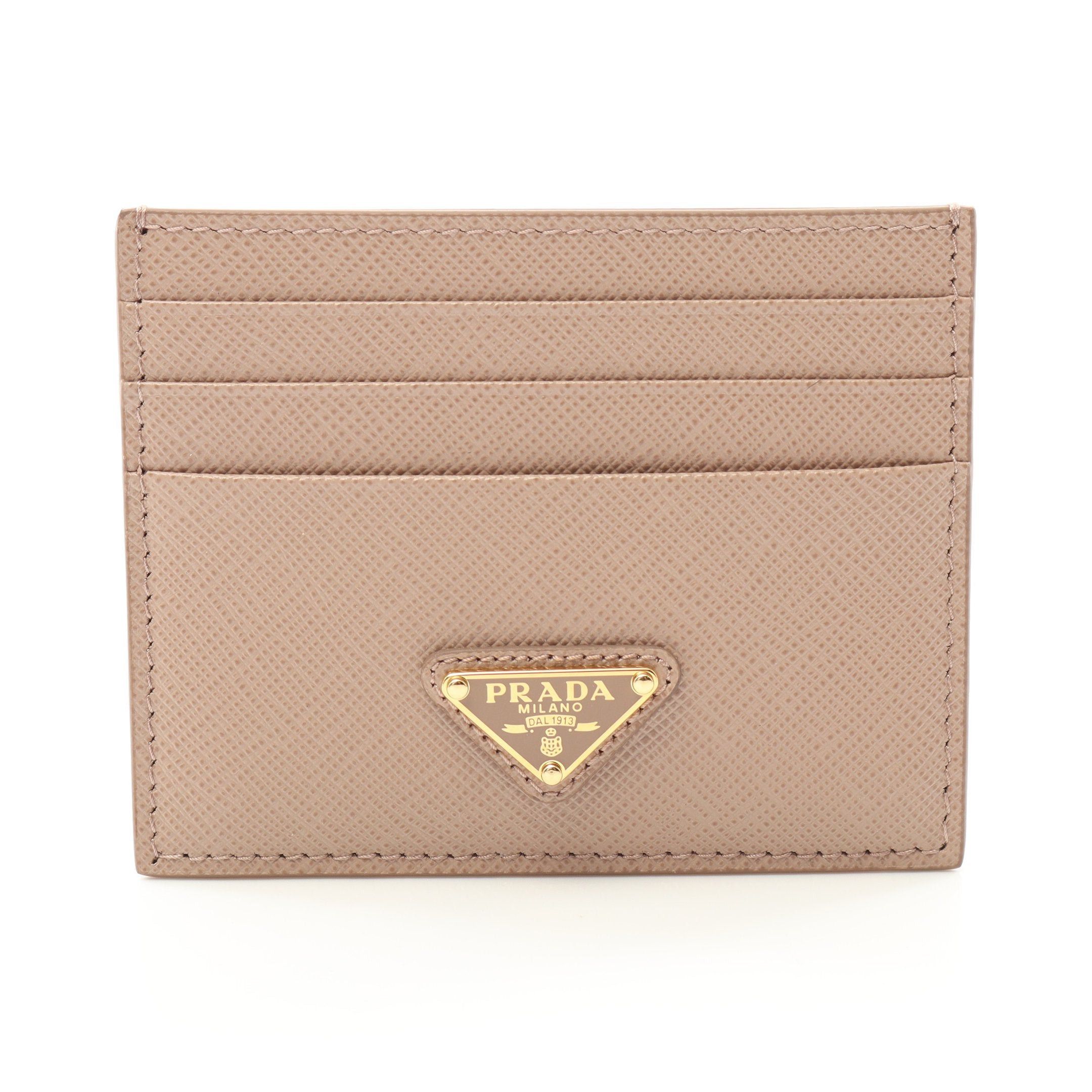 Prada Prada Saffiano Triang Card Case Leather Pink Beige Size ONE SIZE - 1 Thumbnail