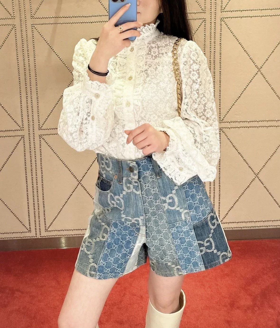 Gucci Gucci Patchwork Double G Leather Denim Shorts Size 23" - 1 Thumbnail