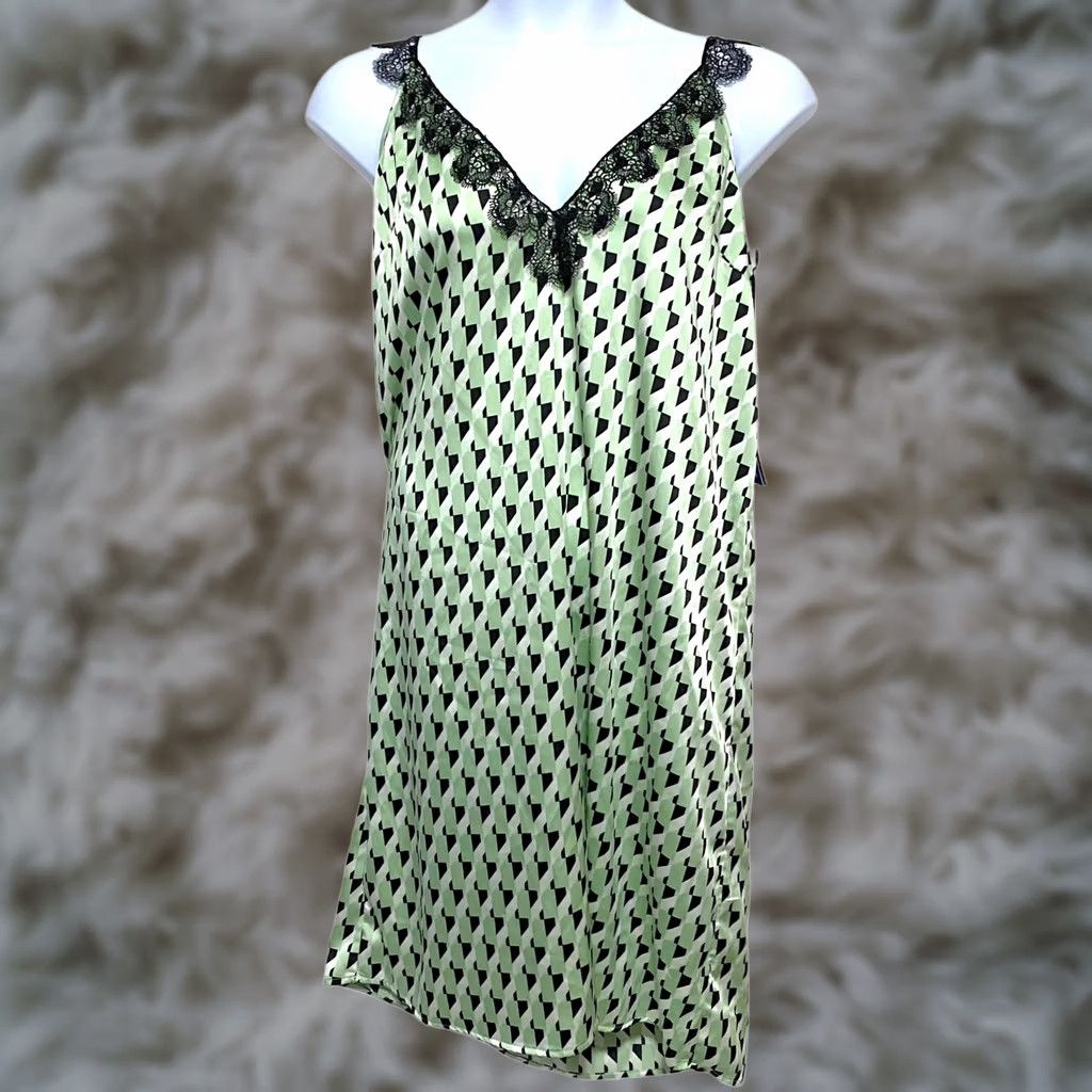 Vintage VINTAGE Future Collective Slip Dress XL Green Geometric V-Neck Lace Trim NWT Retro Party/Cocktail Womens Size XL / US 12-14 / IT 48-50 - 1 Thumbnail