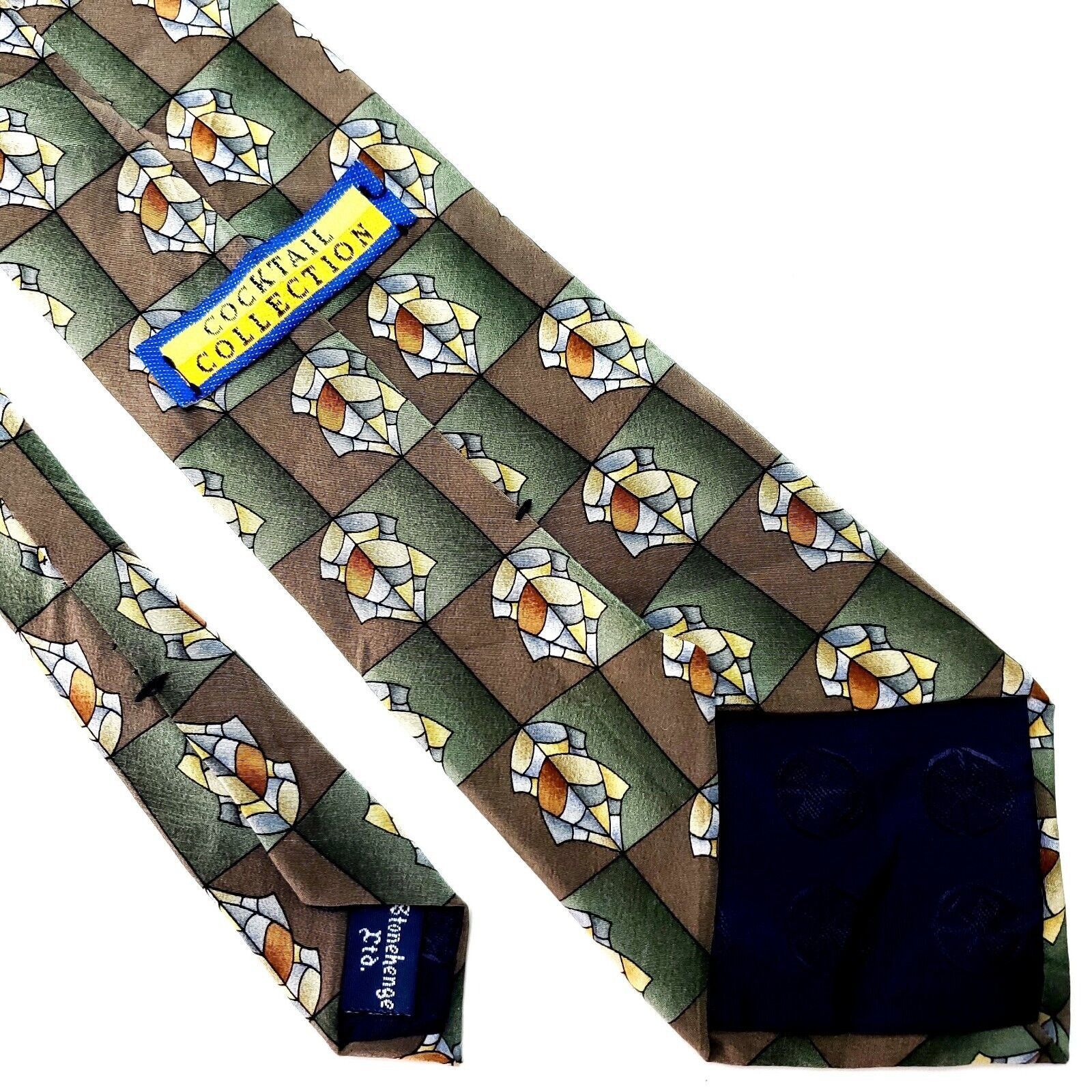 Vintage Cocktail Collection Silk Tie Green Brown Geometric USA Hands Size ONE SIZE - 5 Thumbnail