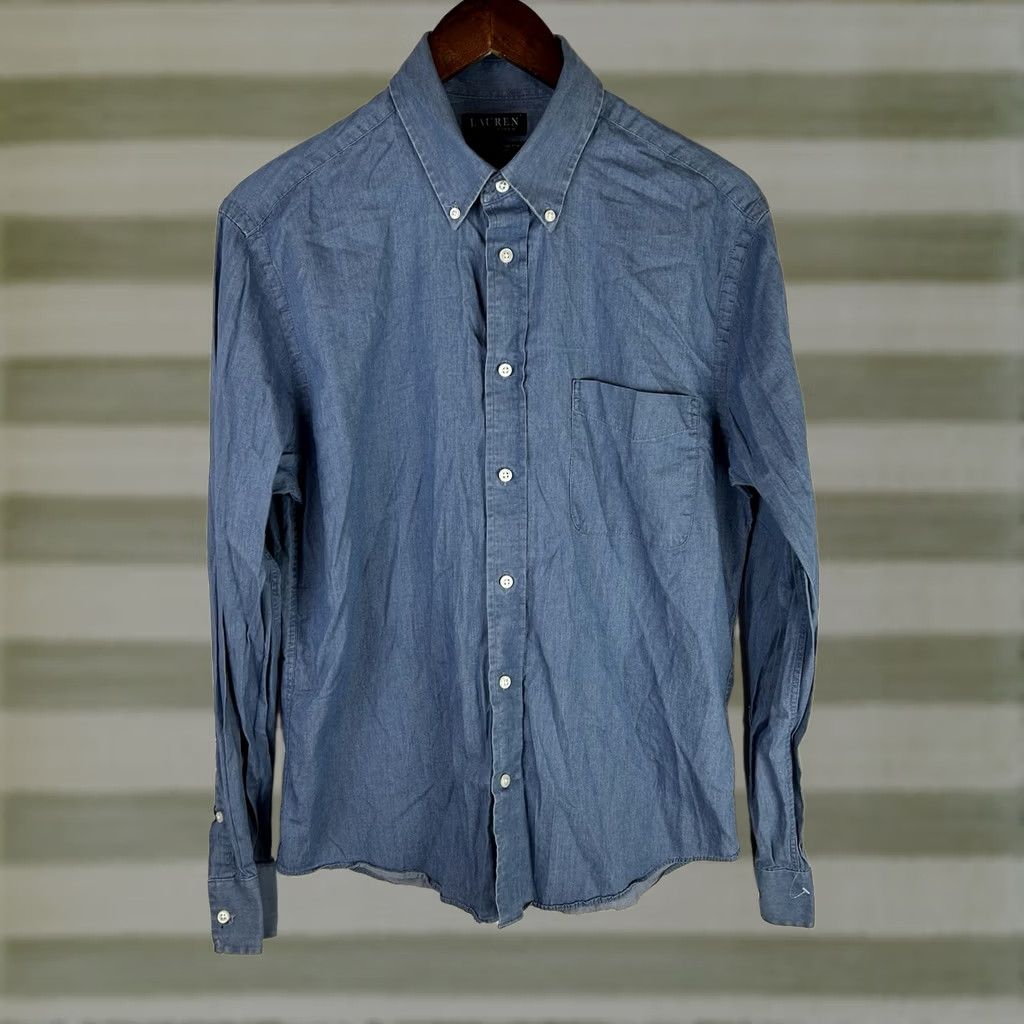 Ralph Lauren VINTAGE Lauren Ralph Lauren Shirt Button-Down 90s Regular Medium Mens Blues Cotton Knit Short/Long Sleeve Solid Pattern Size US M / EU 48-50 / 2 - 1 Thumbnail