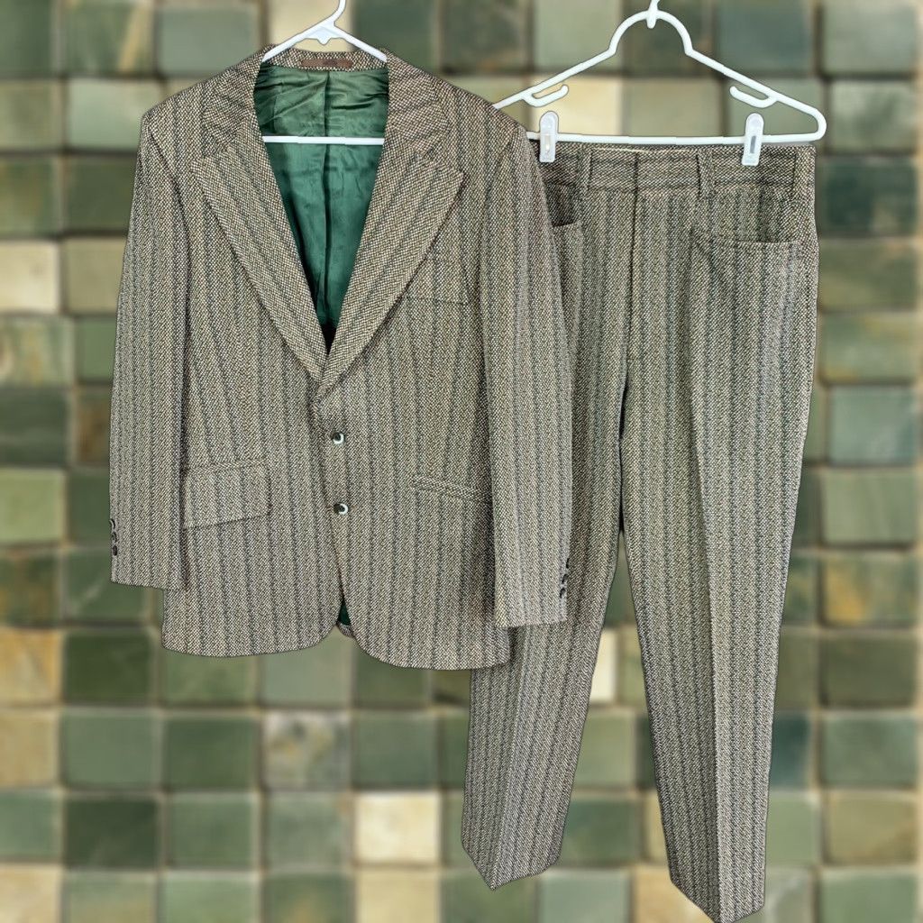Vintage VINTAGE Campus Togs Custom Green Retro Pinstripe Blazer Suit Coat Pants 41x30.5 Mens Size 42R - 1 Thumbnail