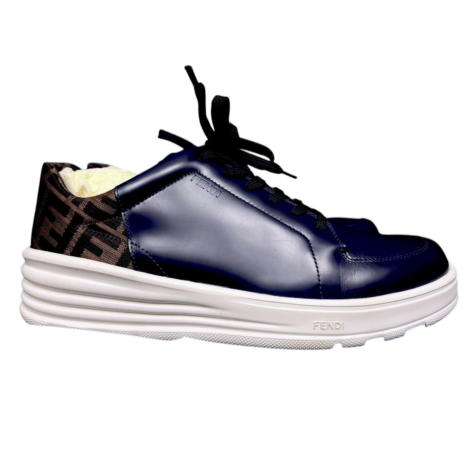 Fendi Men's Fendi FF Navy Zucca Low Top Leather Shoes US8 $975 Size US 8 / EU 41 - 2 Thumbnail