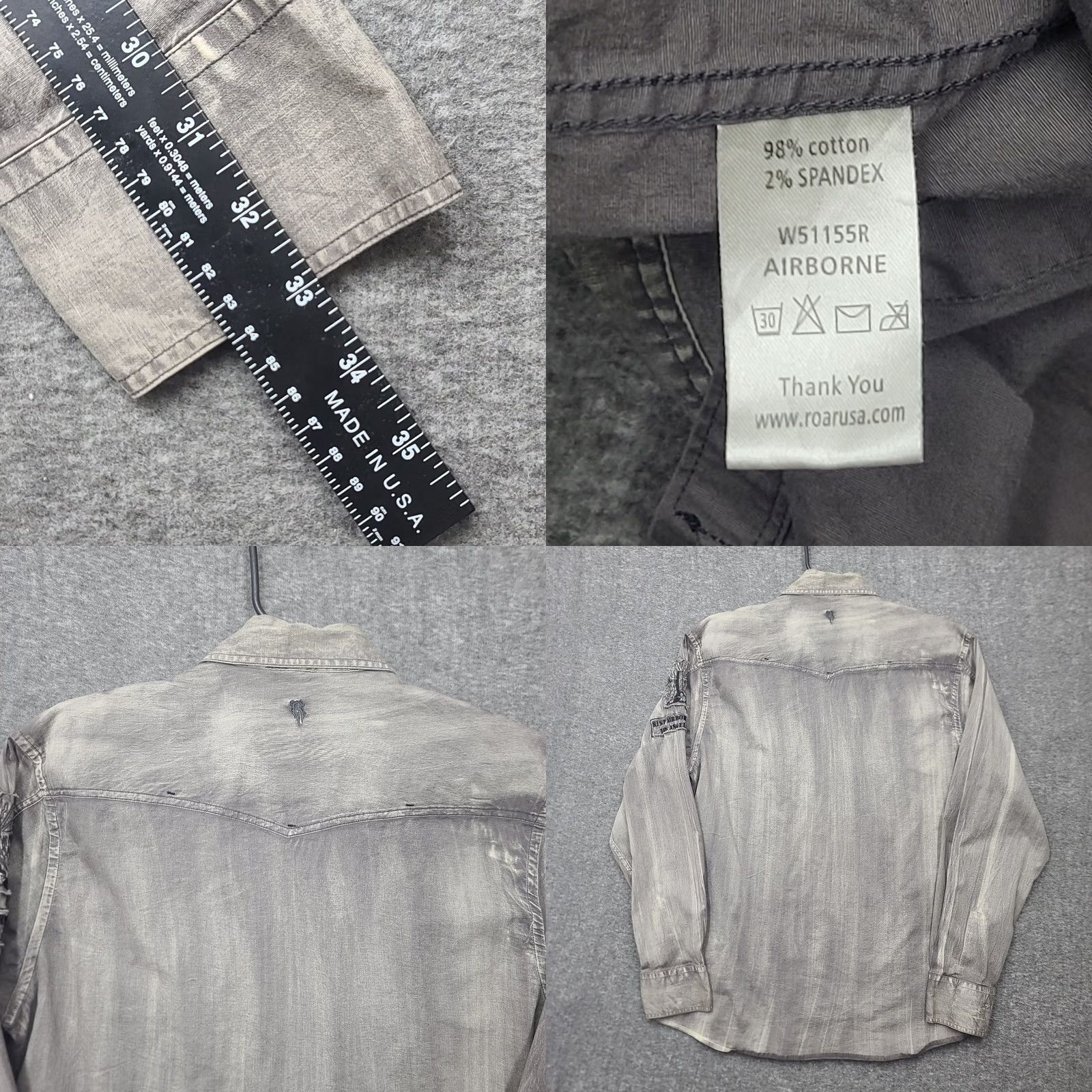 Roar Roar Shirt Men L Gray Button-Up Distressed Embroidered Cross Wing Patch 81st Airborne Unit LA Military Epaulets Short/Long Sleeve Size US L / EU 52-54 / 3 - 8 Thumbnail