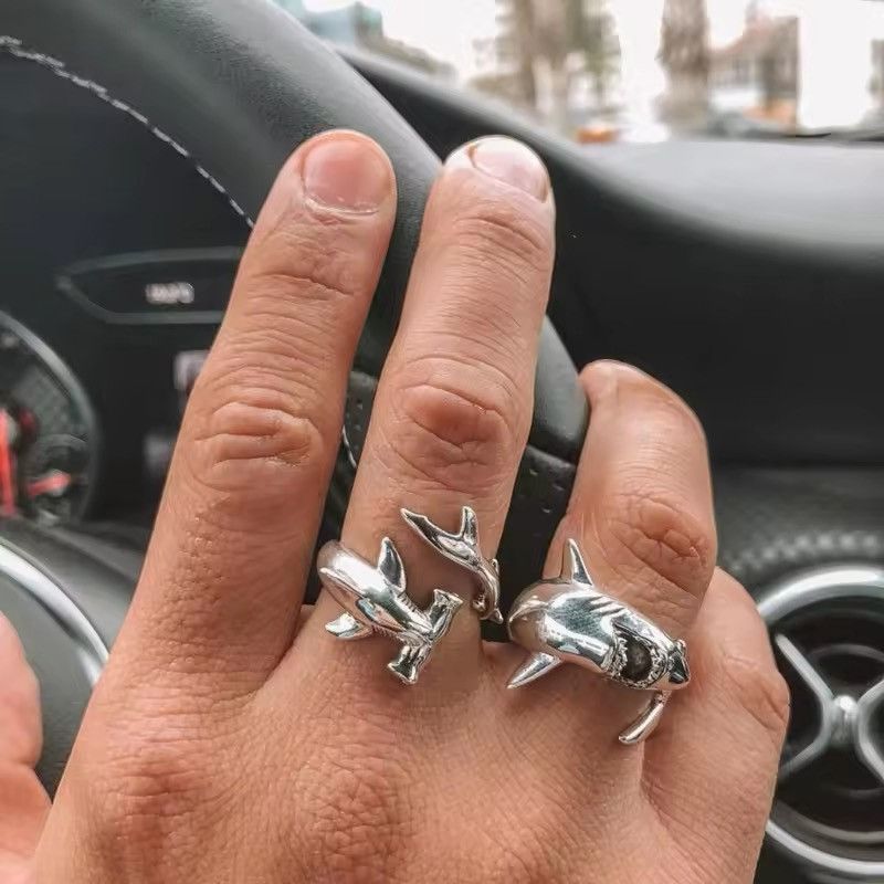 Jewelry x Ring Gold Plated 2X Punk Style Shark Adjustable Rings in Silver, Men's