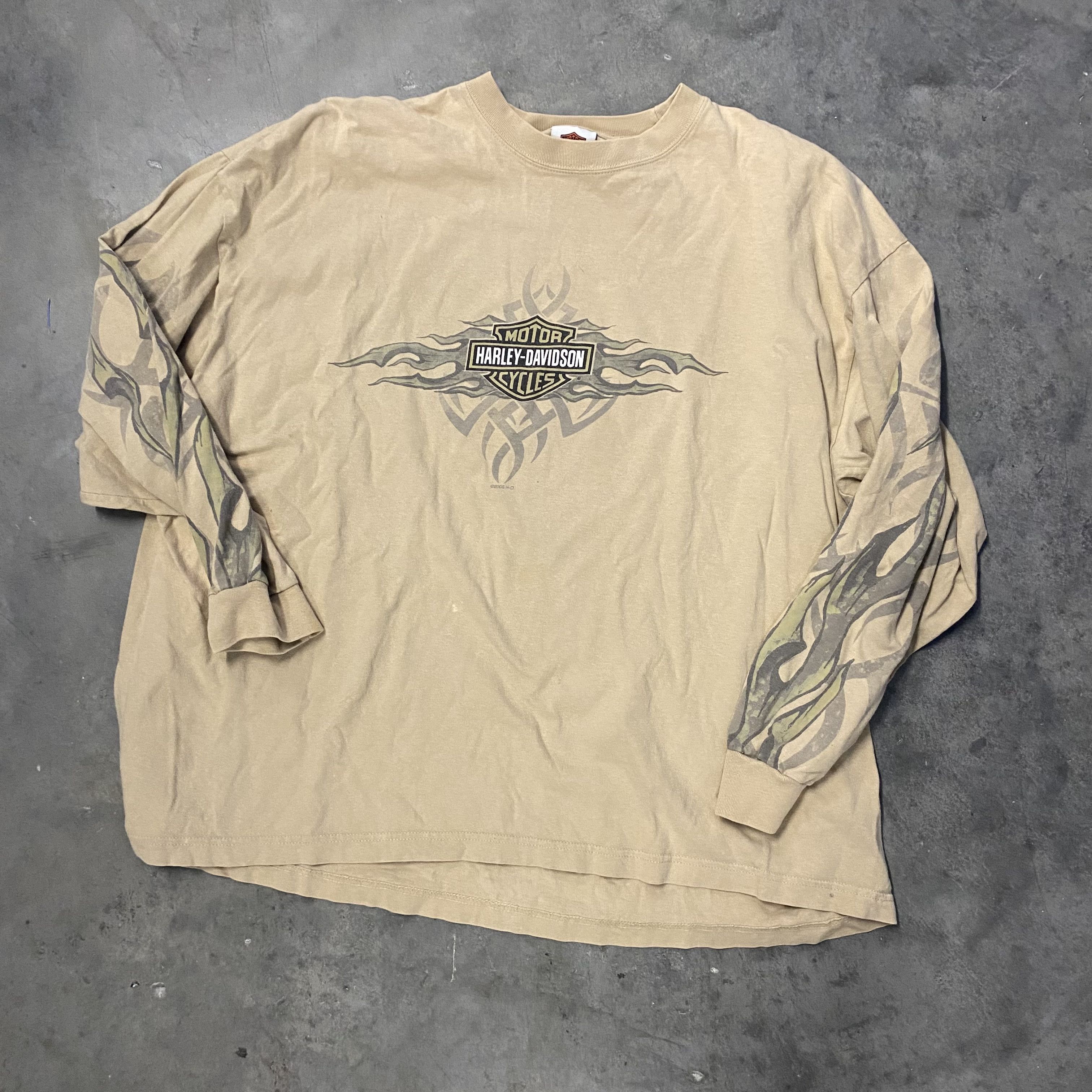 Harley Davidson × Vintage VINTAGE Y2K HARLEY FLAMES TAN LONGSLEEVE SHIRT CALIFORNIA XL Size US XL / EU 56 / 4 - 1 Thumbnail